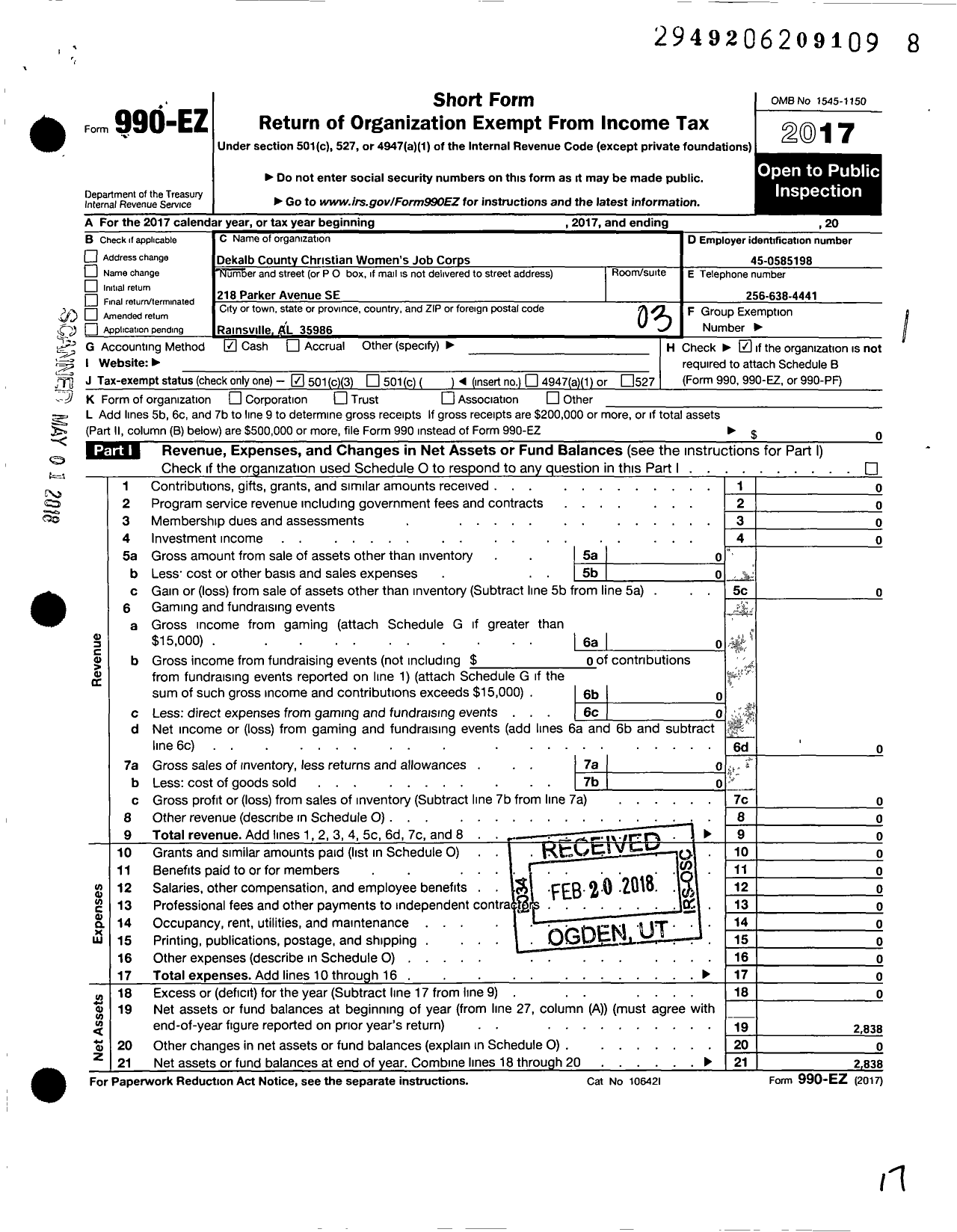 Image of first page of 2017 Form 990EZ for Dekalb County Christian Womens Job Corps