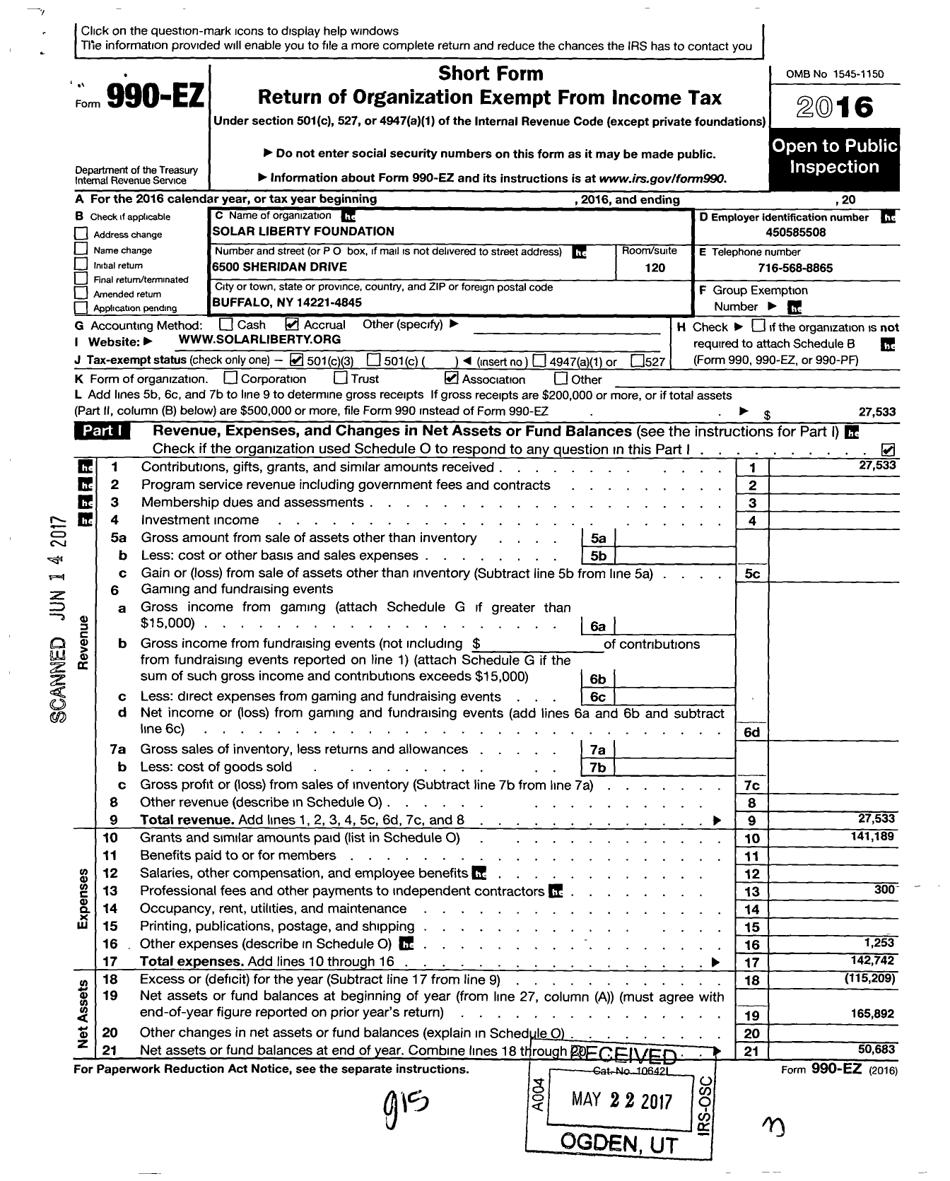 Image of first page of 2016 Form 990EZ for Solar Liberty Foundation