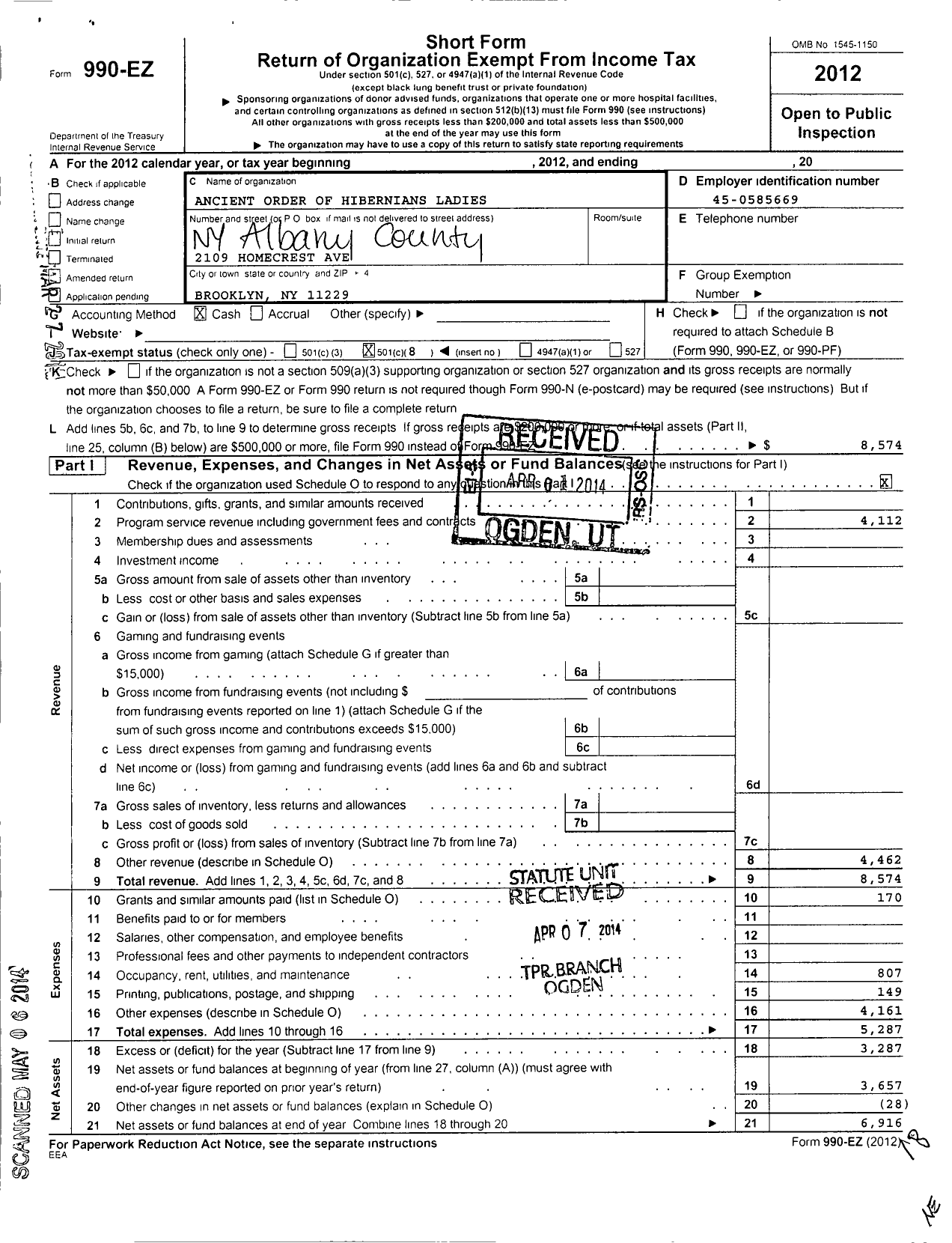 Image of first page of 2012 Form 990EO for Ancient Order of Hibernians Ladies / Albany County Board