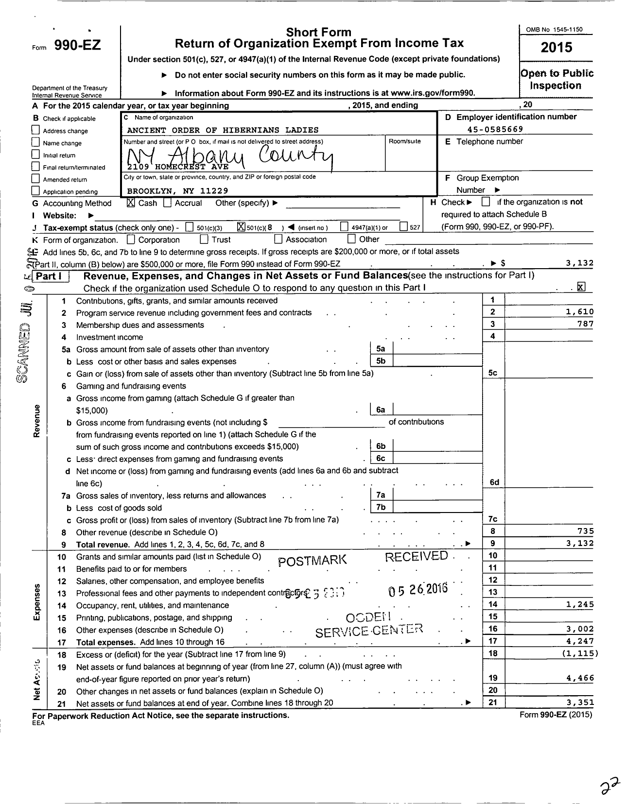 Image of first page of 2015 Form 990EO for Ancient Order of Hibernians Ladies / Albany County Board