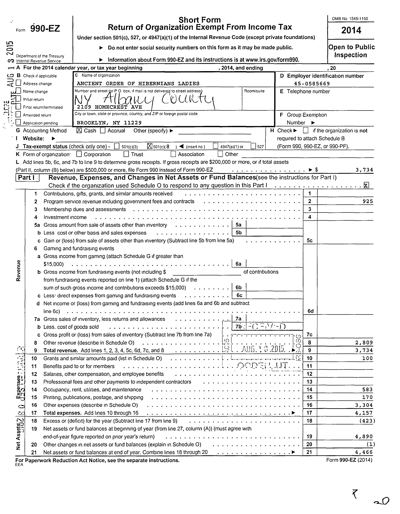 Image of first page of 2014 Form 990EO for Ancient Order of Hibernians Ladies / Albany County Board