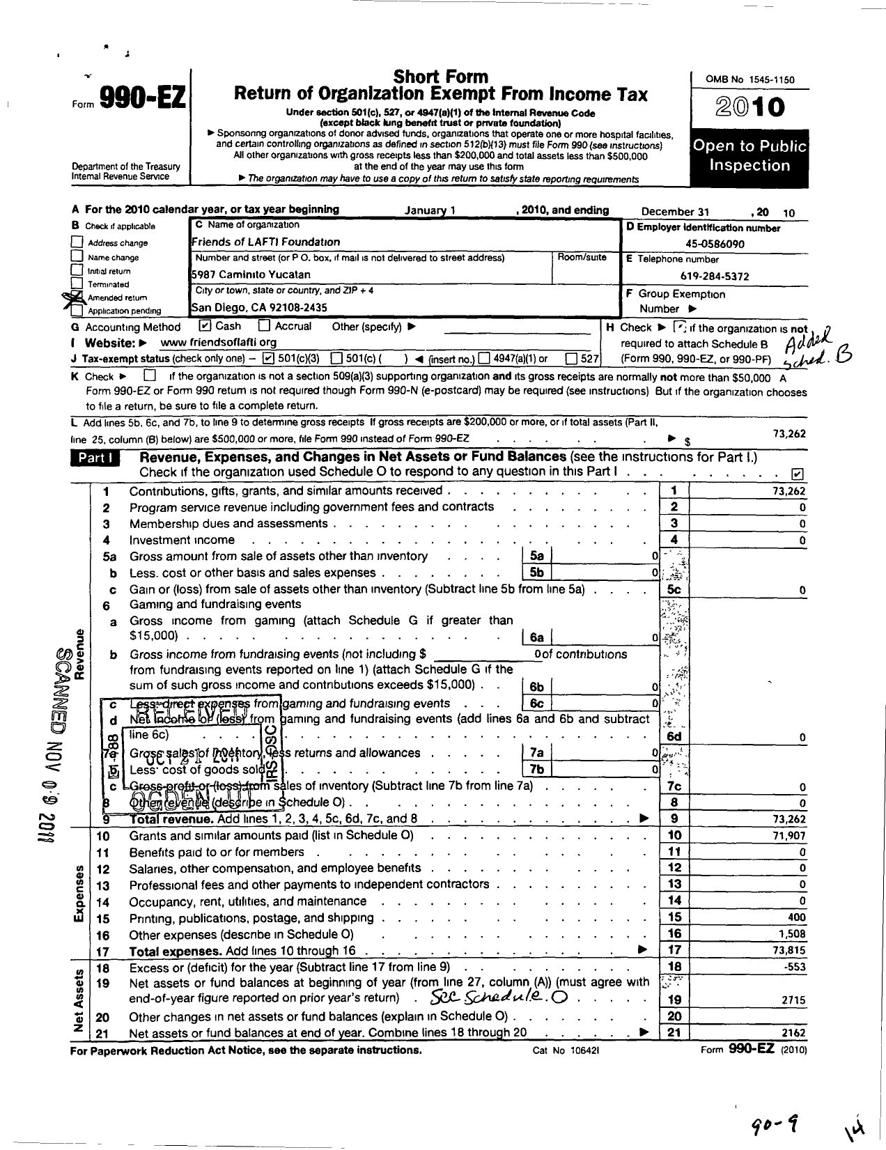 Image of first page of 2010 Form 990EZ for Friends of Lafti Foundation