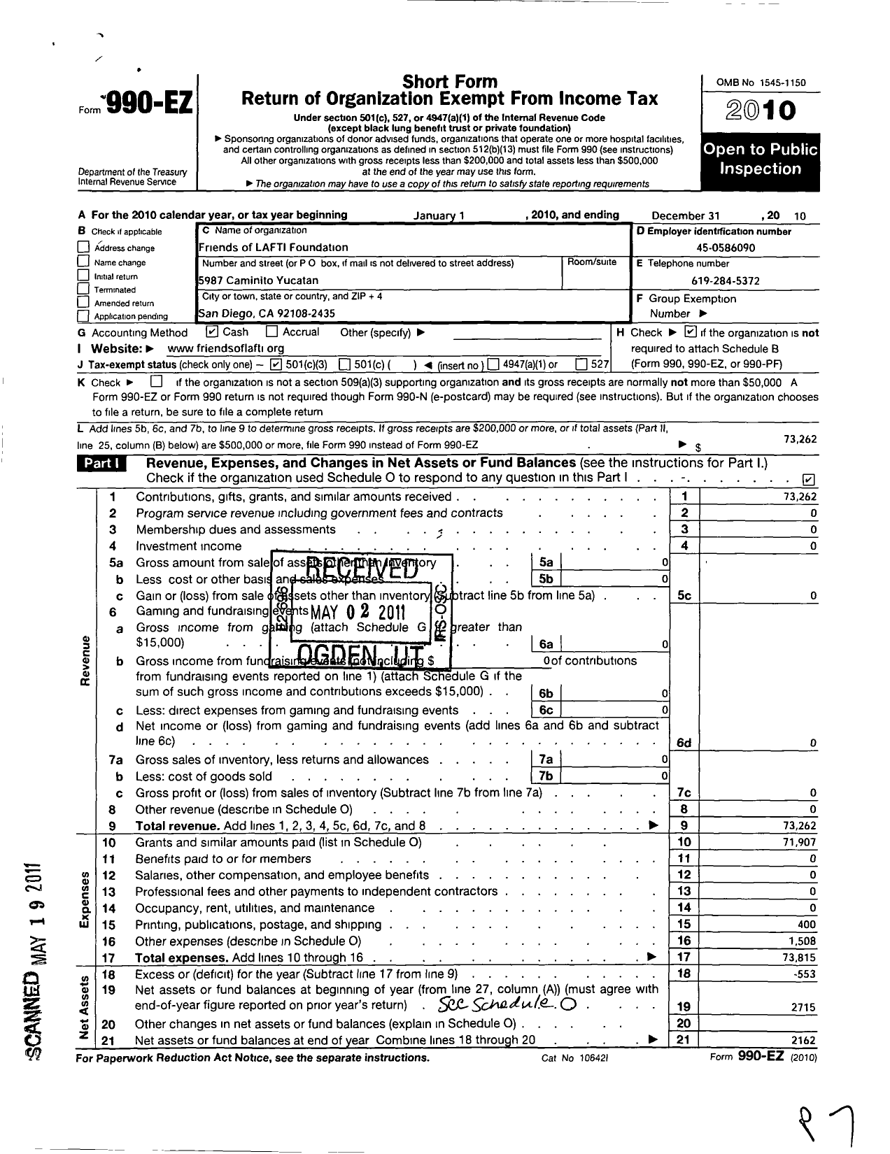 Image of first page of 2010 Form 990EZ for Friends of Lafti Foundation