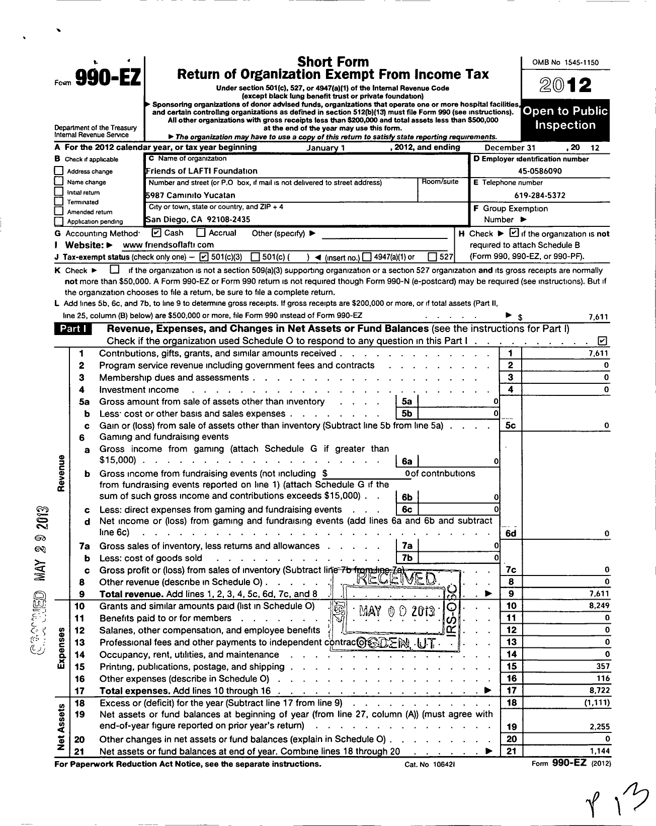 Image of first page of 2012 Form 990EZ for Friends of Lafti Foundation