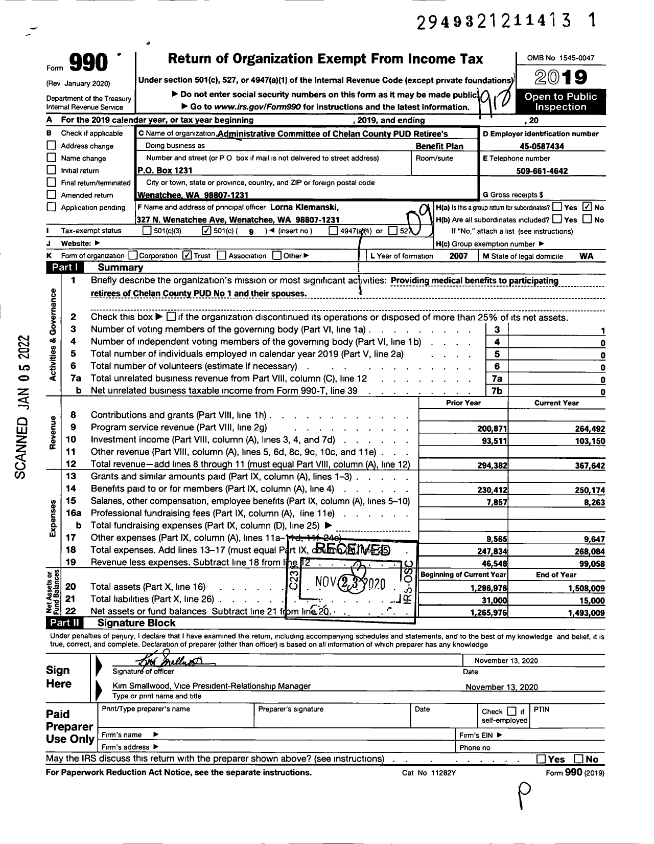 Image of first page of 2019 Form 990O for Administrative Committee of Chelan County Pud Retiree's Benefit Plan