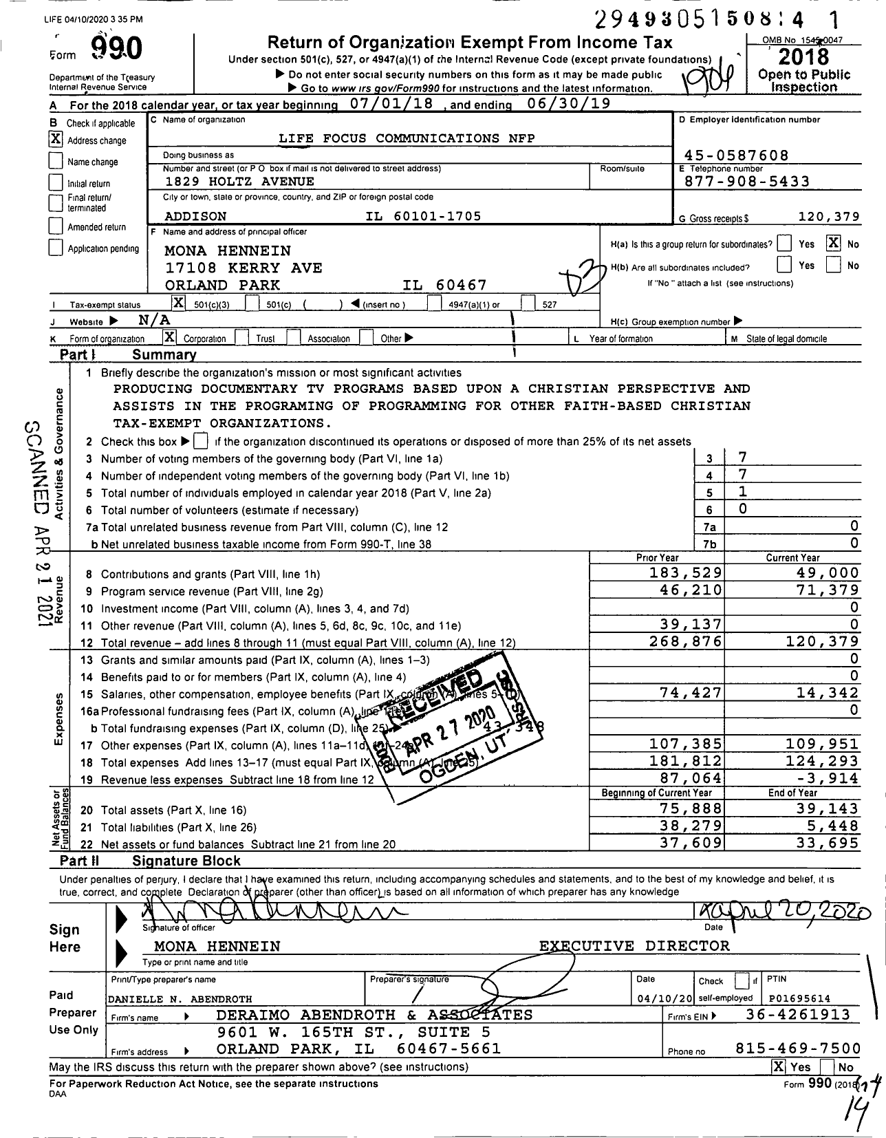 Image of first page of 2018 Form 990 for Life Focus Communications NFP