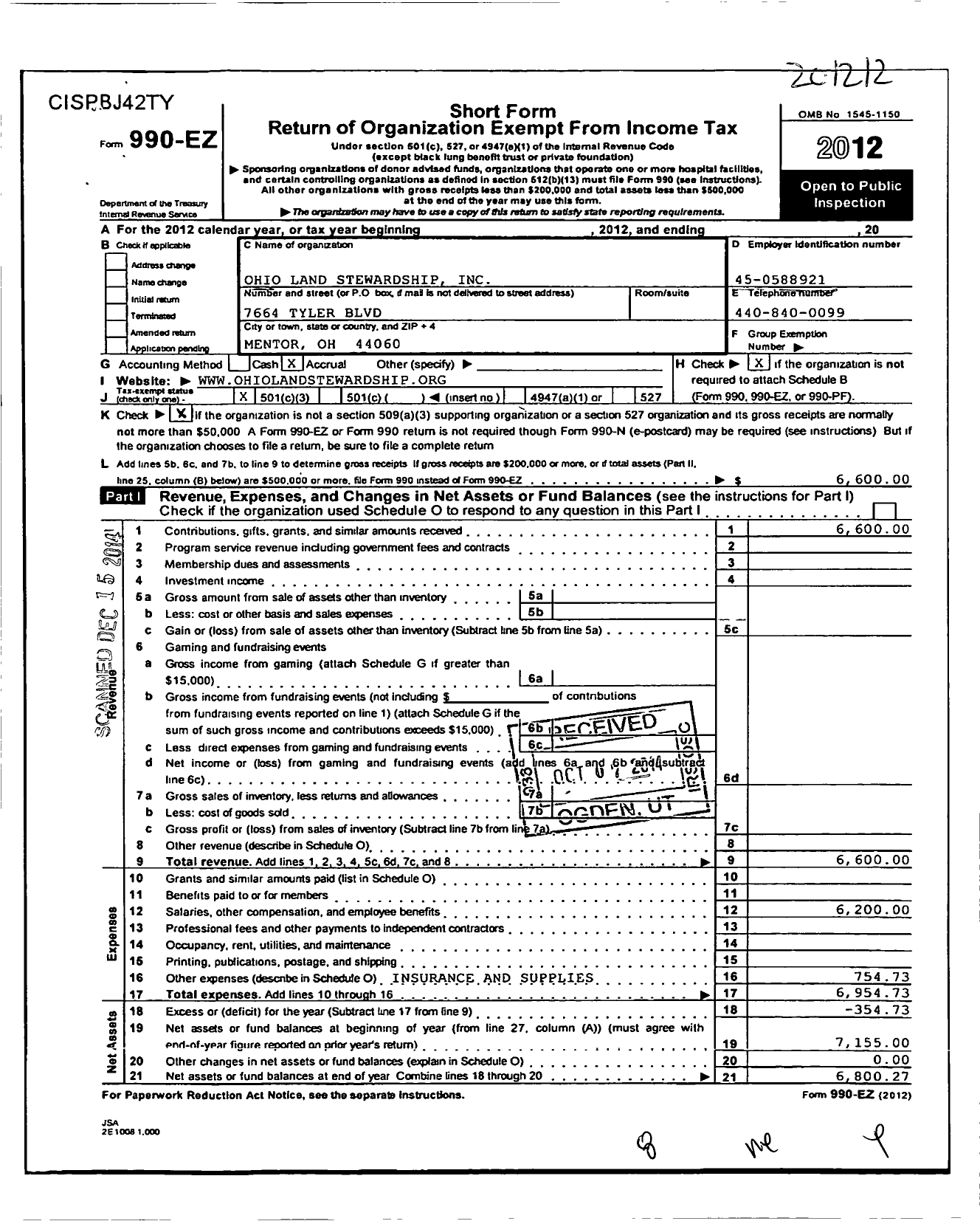 Image of first page of 2012 Form 990EZ for Ohio Land Stewardship