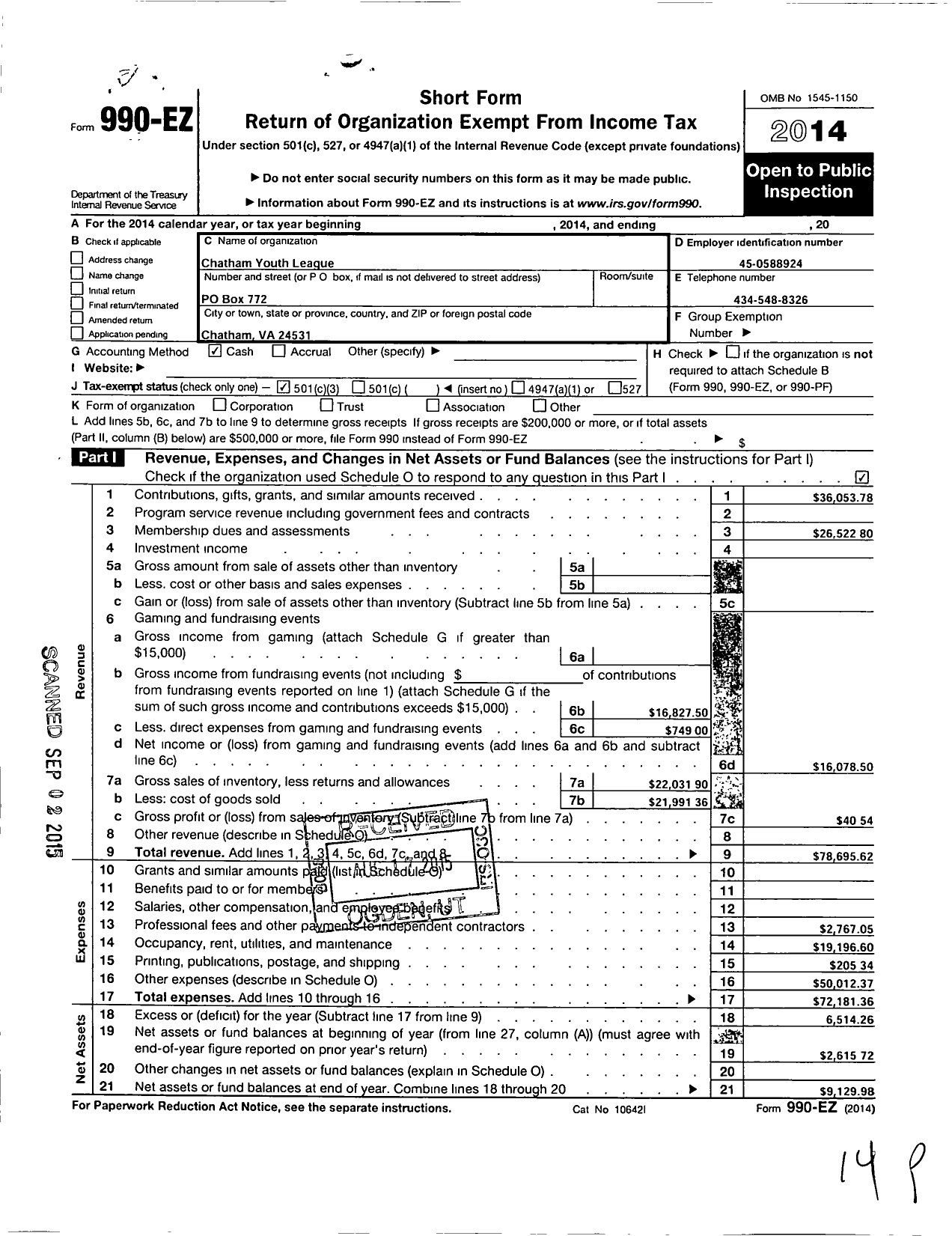 Image of first page of 2014 Form 990EZ for Chatham Youth League