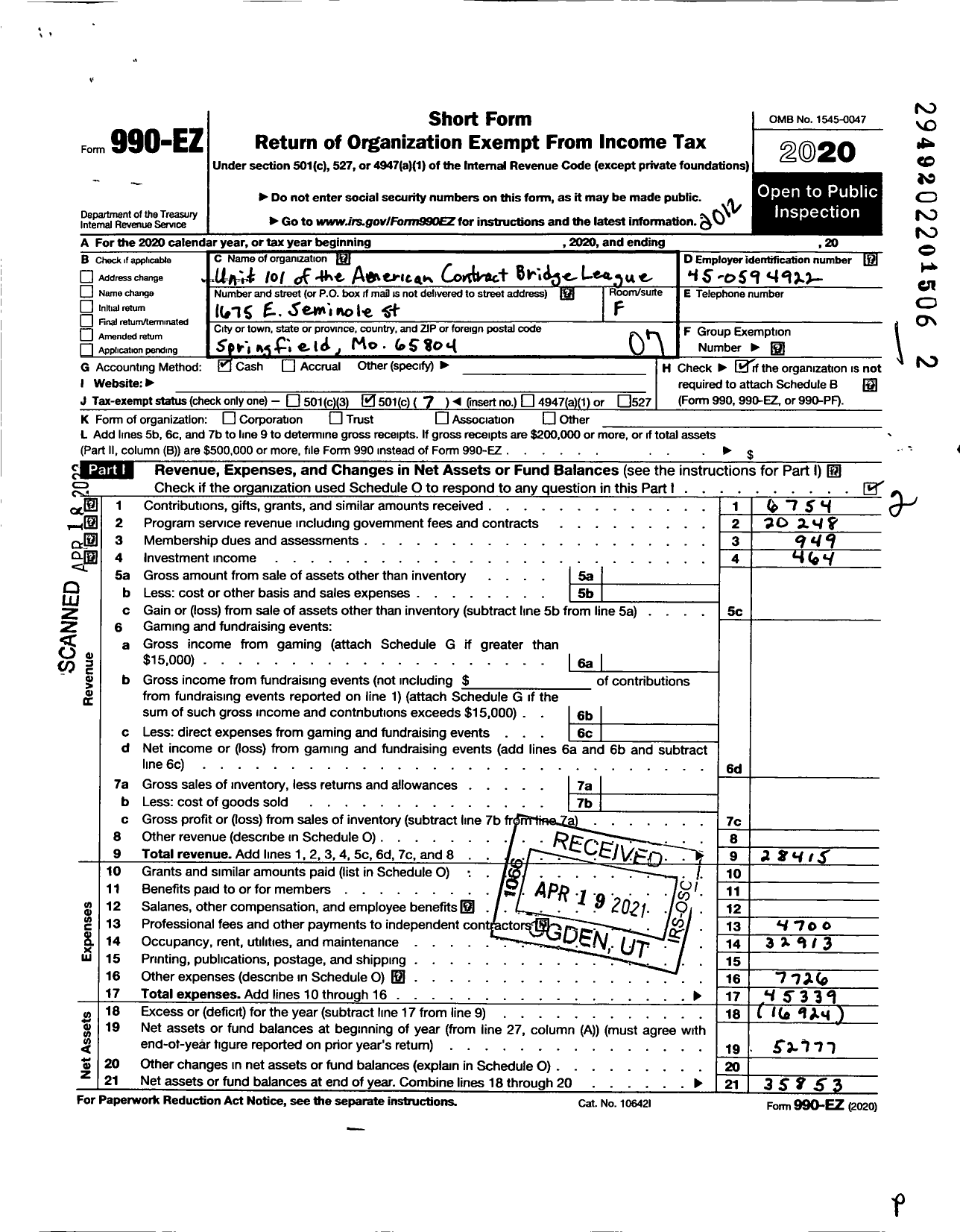 Image of first page of 2020 Form 990EO for Unit 101 of the American Contract Bridge League