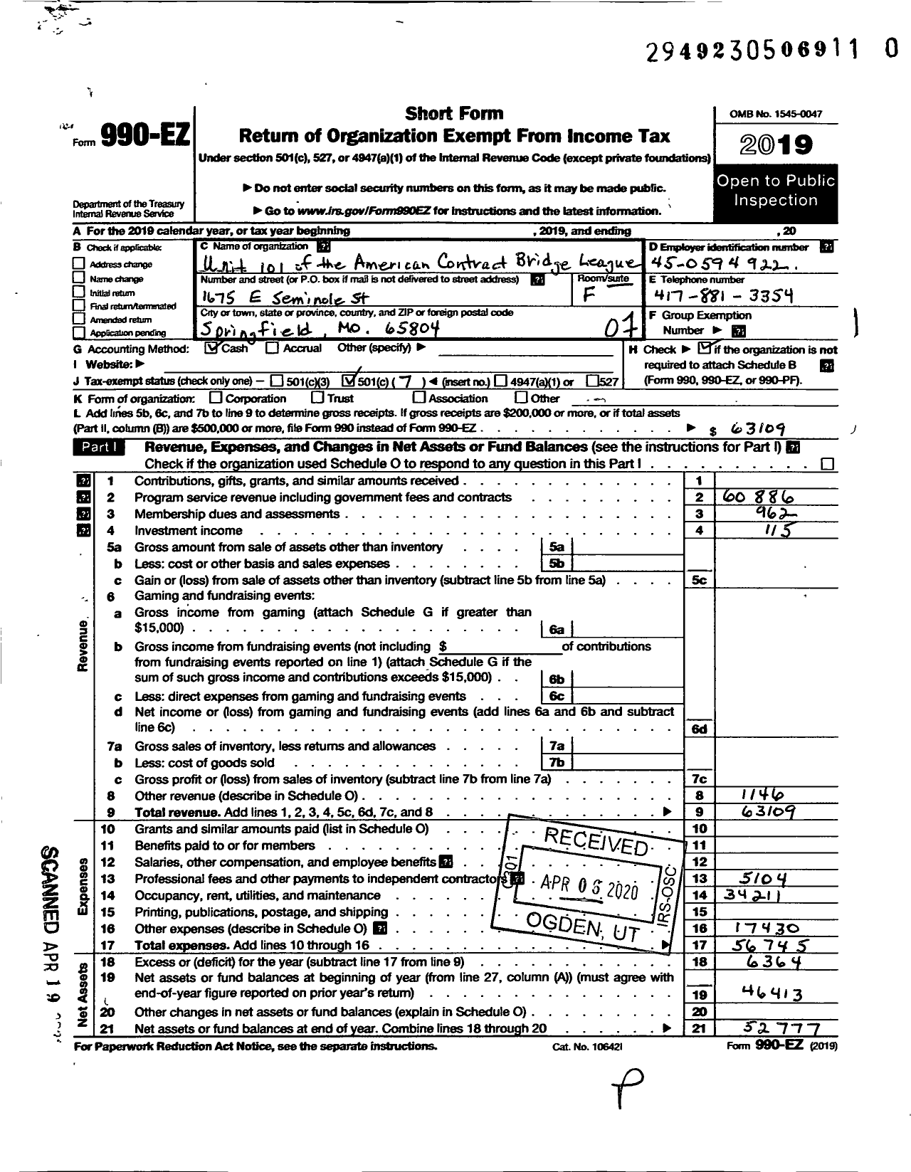 Image of first page of 2019 Form 990EO for Unit 101 of the American Contract Bridge League