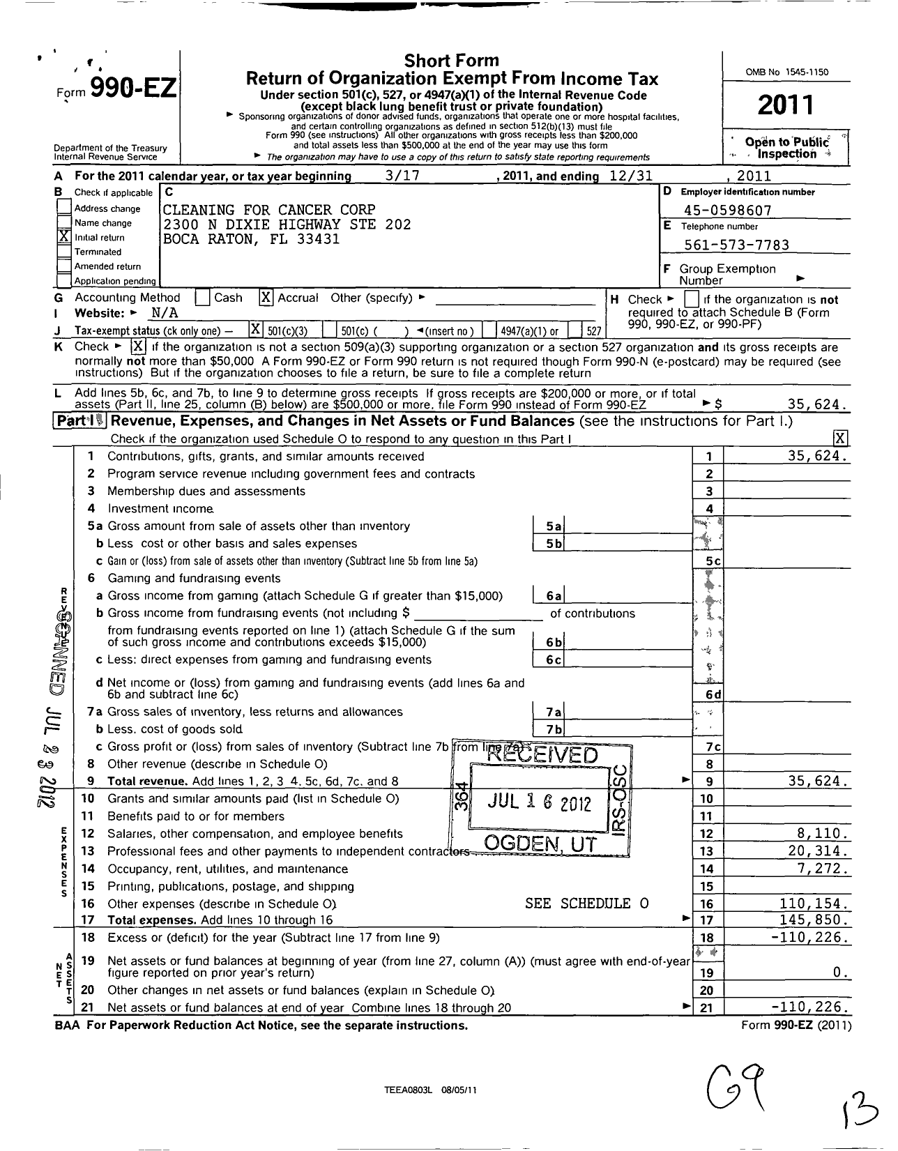 Image of first page of 2011 Form 990EZ for Cleaning for Cancer Corporation