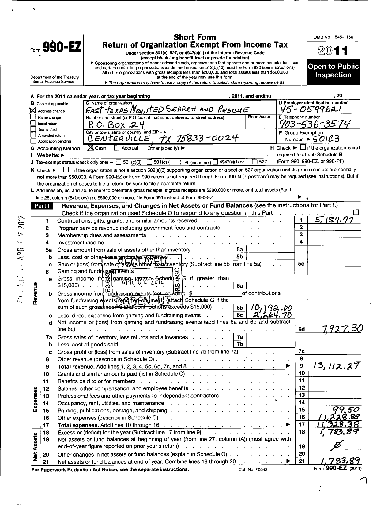 Image of first page of 2011 Form 990EO for East Texas Mounted Search and Rescue