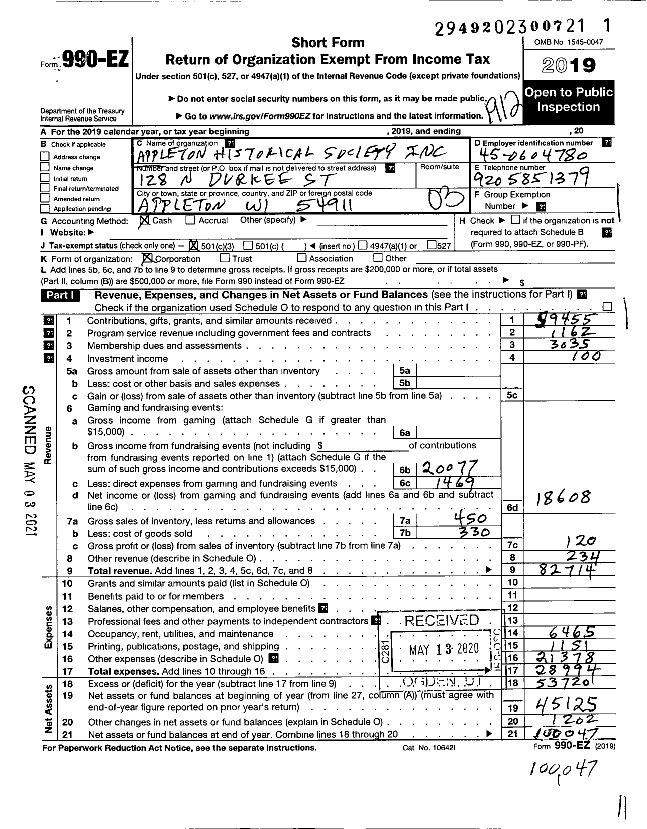 Image of first page of 2019 Form 990EZ for Appleton Historical Society