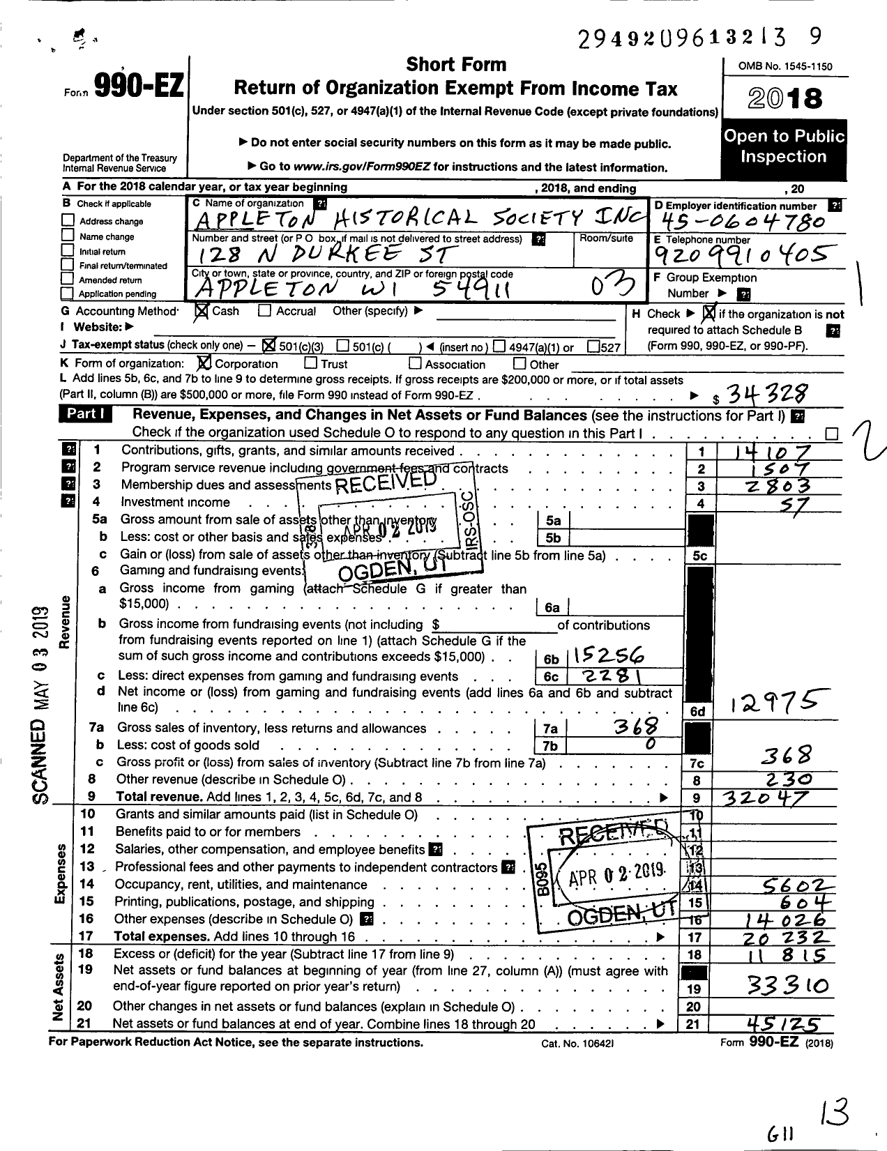 Image of first page of 2018 Form 990EZ for Appleton Historical Society