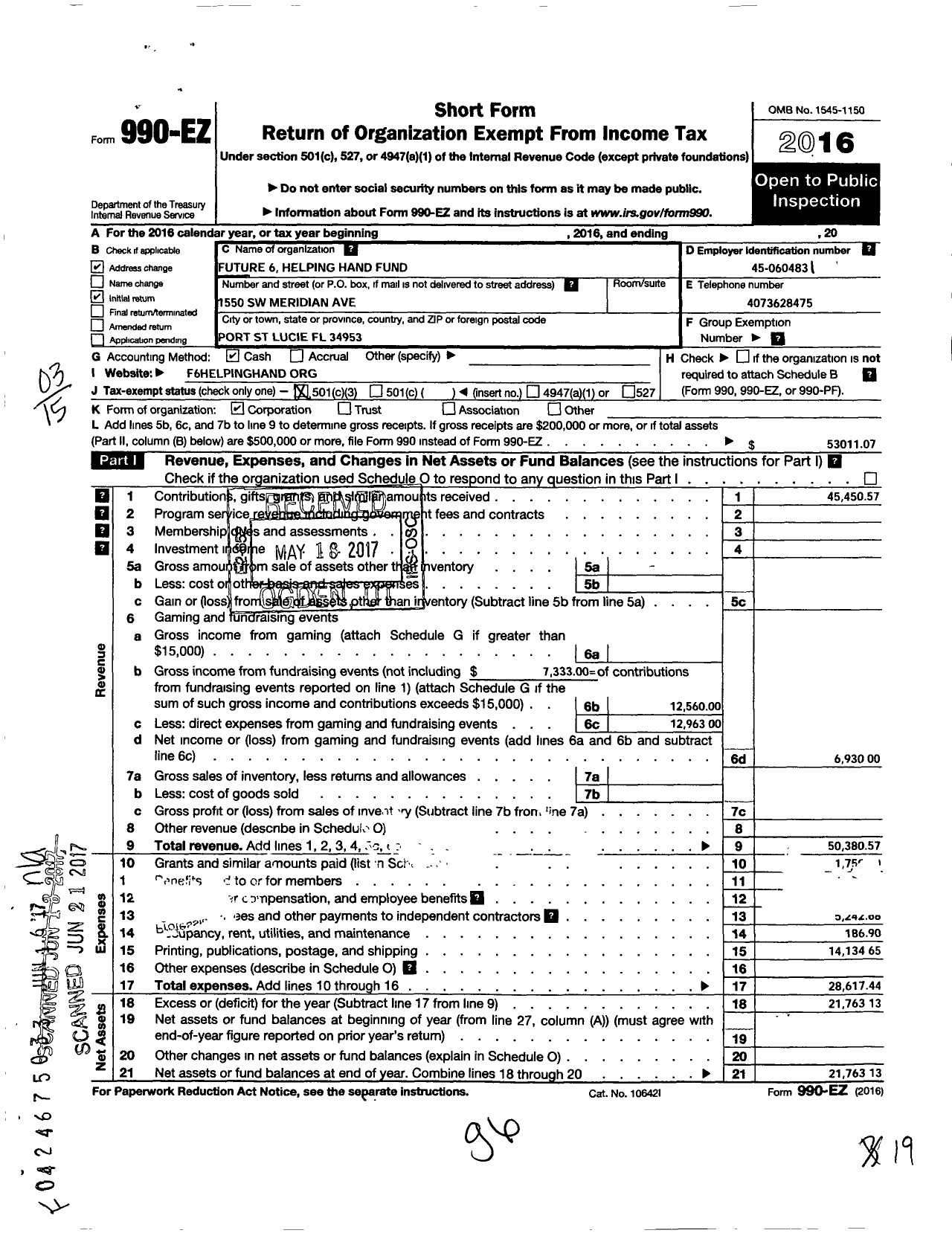 Image of first page of 2016 Form 990EZ for Future 6 Helping Hand Fund