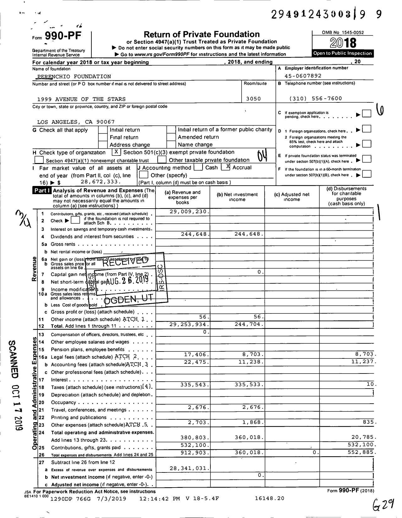 Image of first page of 2018 Form 990PF for Perenchio Foundation