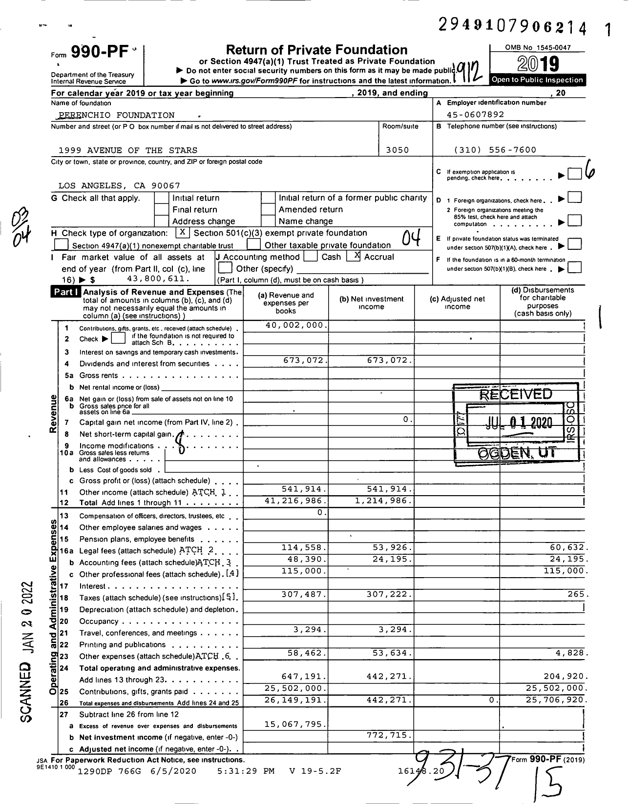 Image of first page of 2019 Form 990PF for Perenchio Foundation