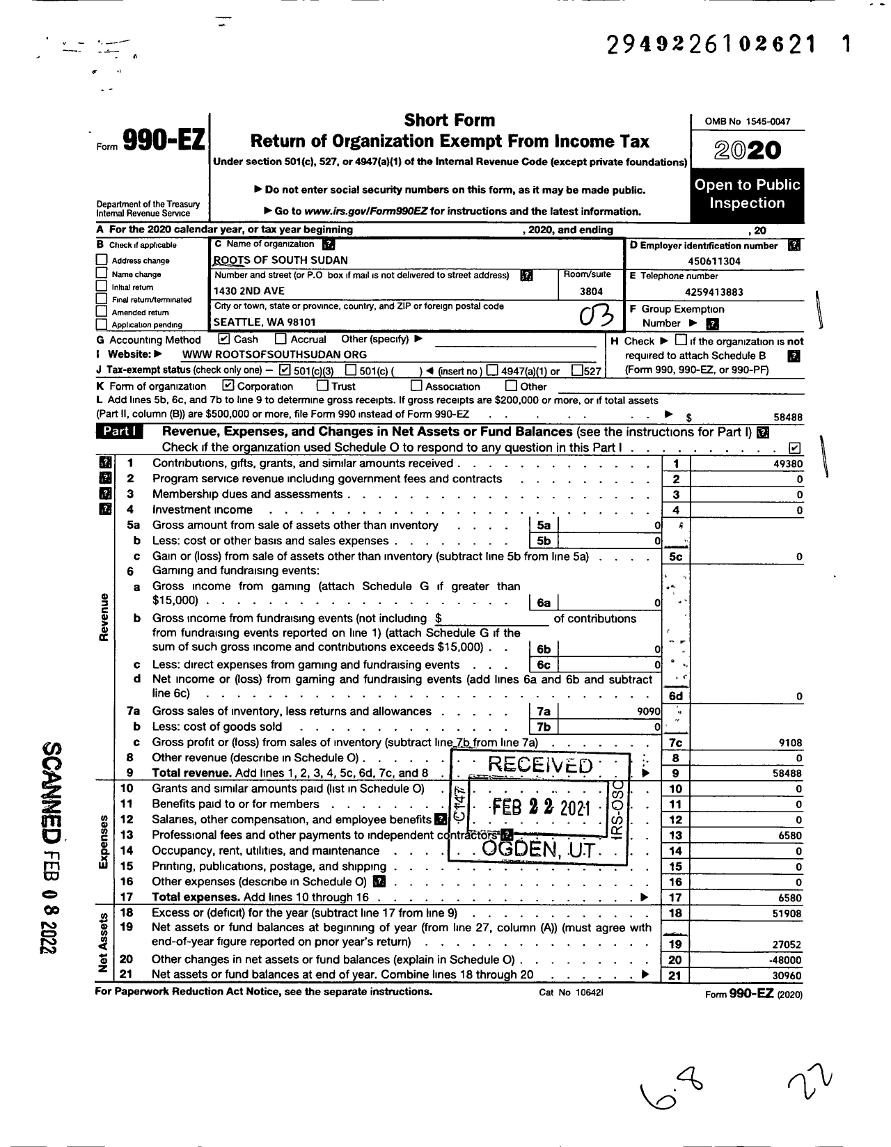 Image of first page of 2020 Form 990EZ for Roots of South Sudan