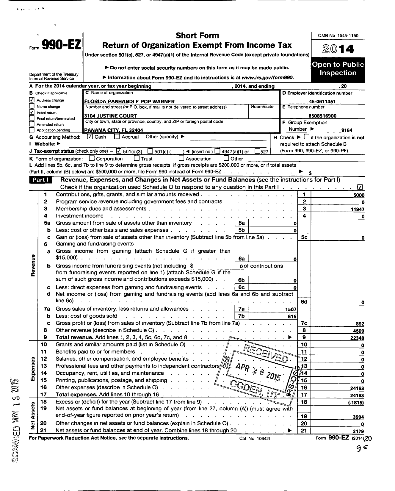 Image of first page of 2014 Form 990EZ for Pop Warner Little Scholars / Florida Panhandle Pop Warner