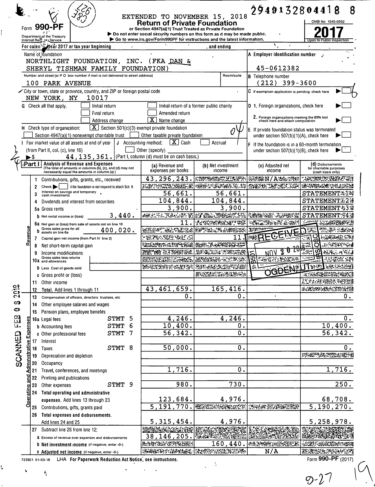 Image of first page of 2017 Form 990PF for Northlight Foundation
