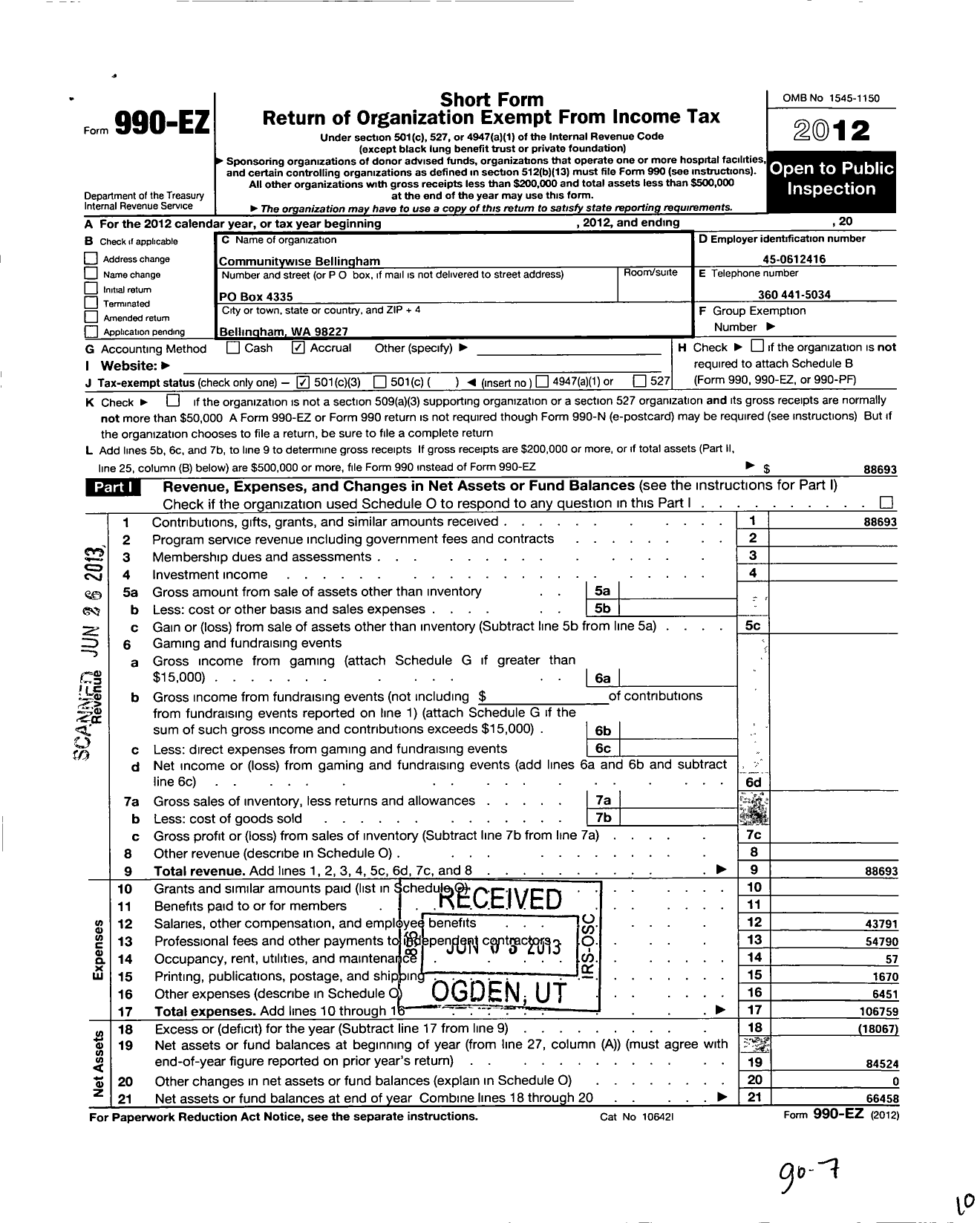 Image of first page of 2012 Form 990EZ for Communitywise Bellingham