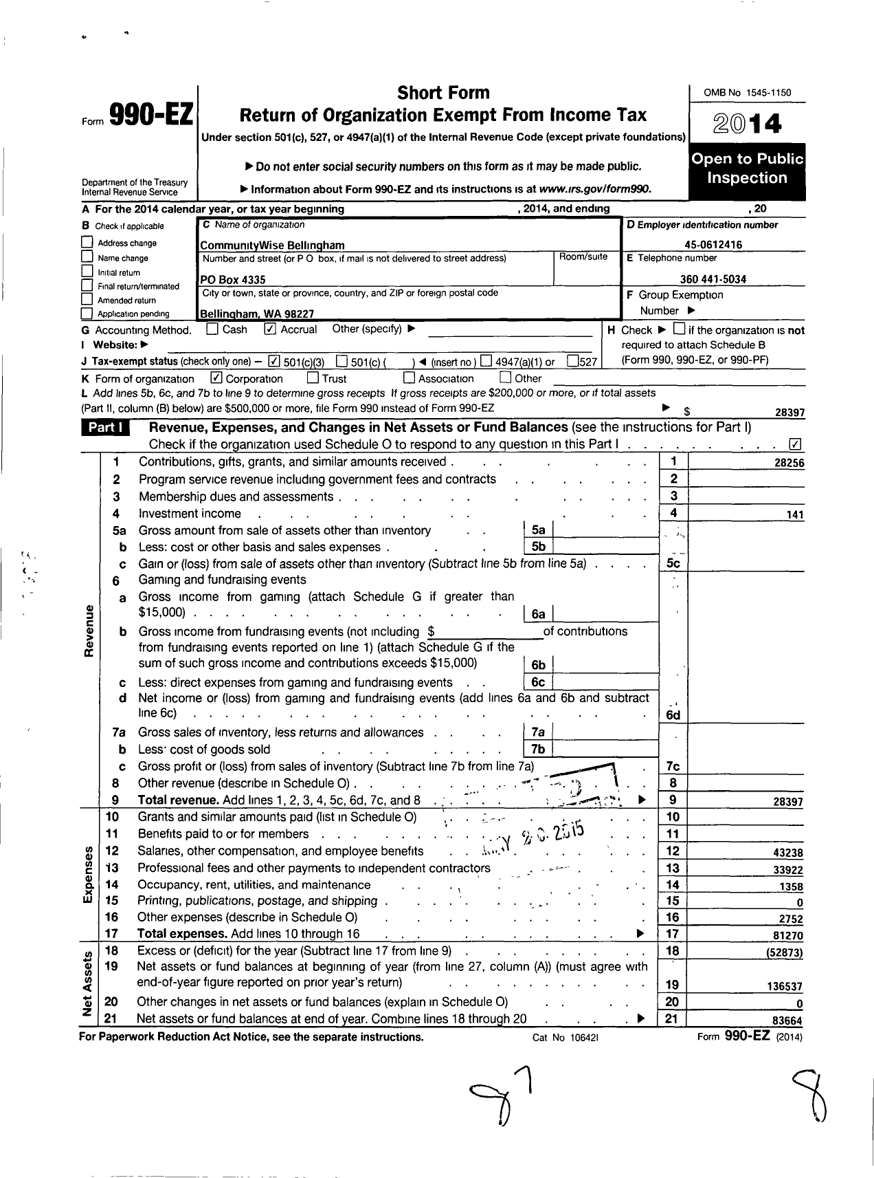 Image of first page of 2014 Form 990EZ for Communitywise Bellingham