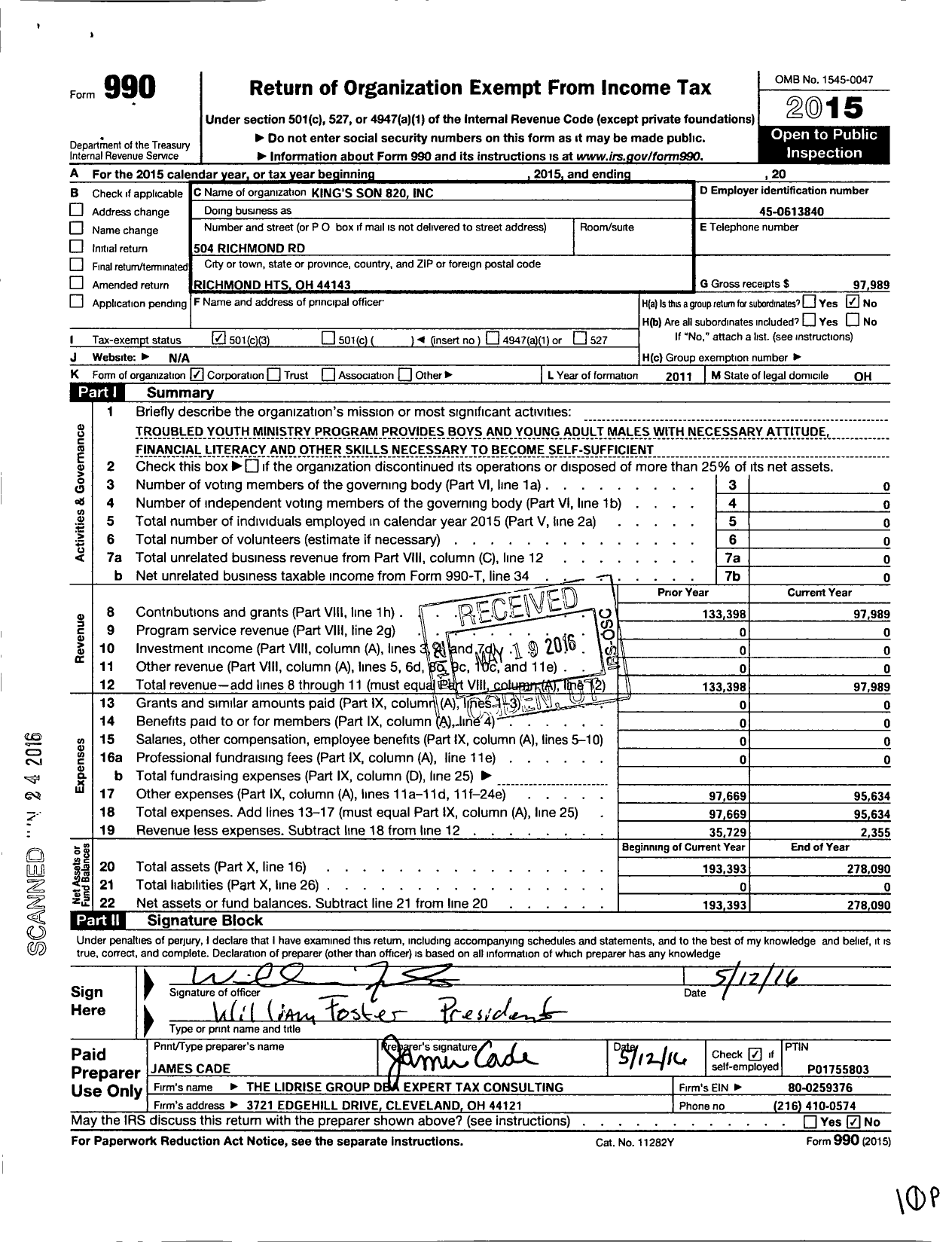 Image of first page of 2015 Form 990 for Kings Sons 820