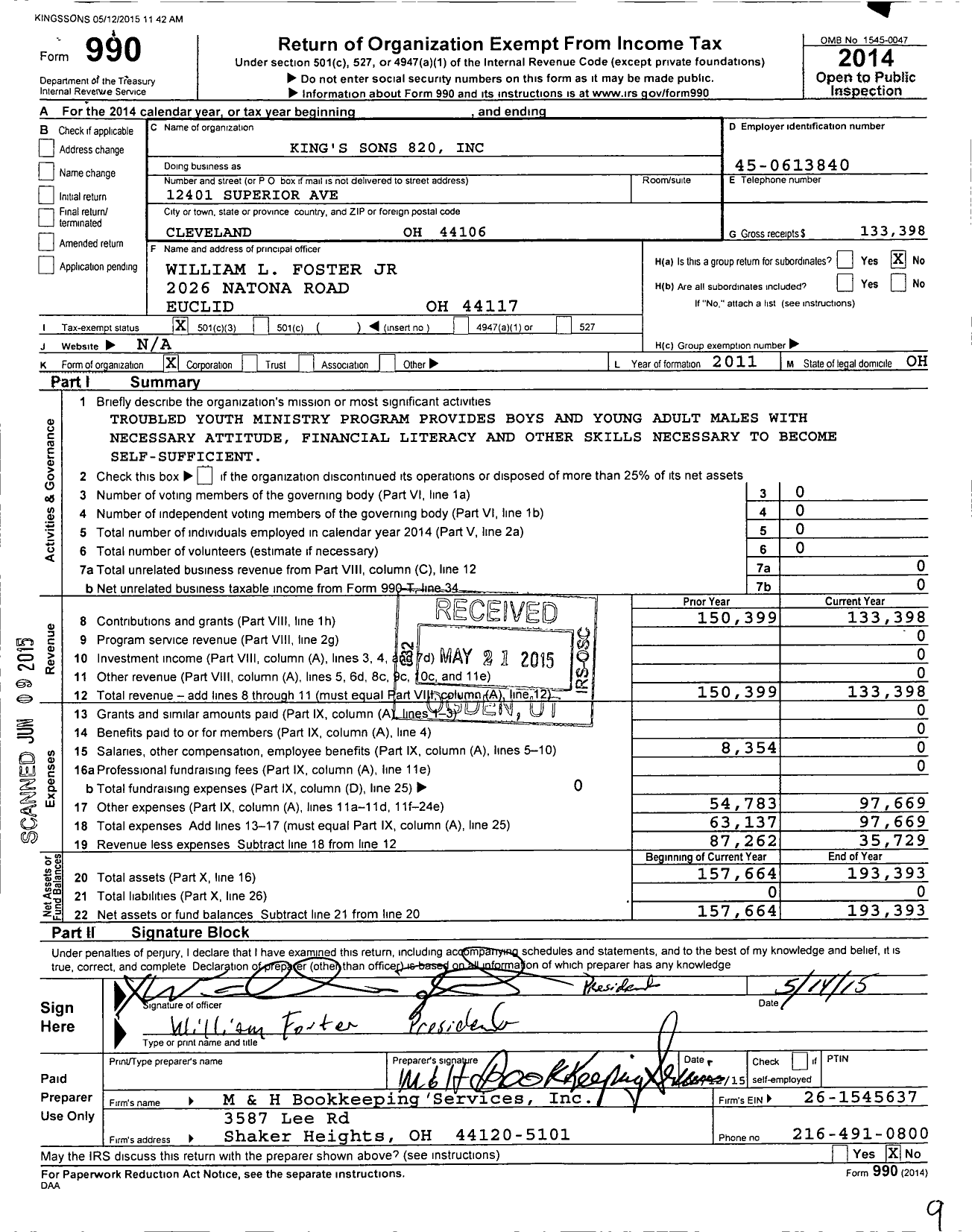 Image of first page of 2014 Form 990 for Kings Sons 820