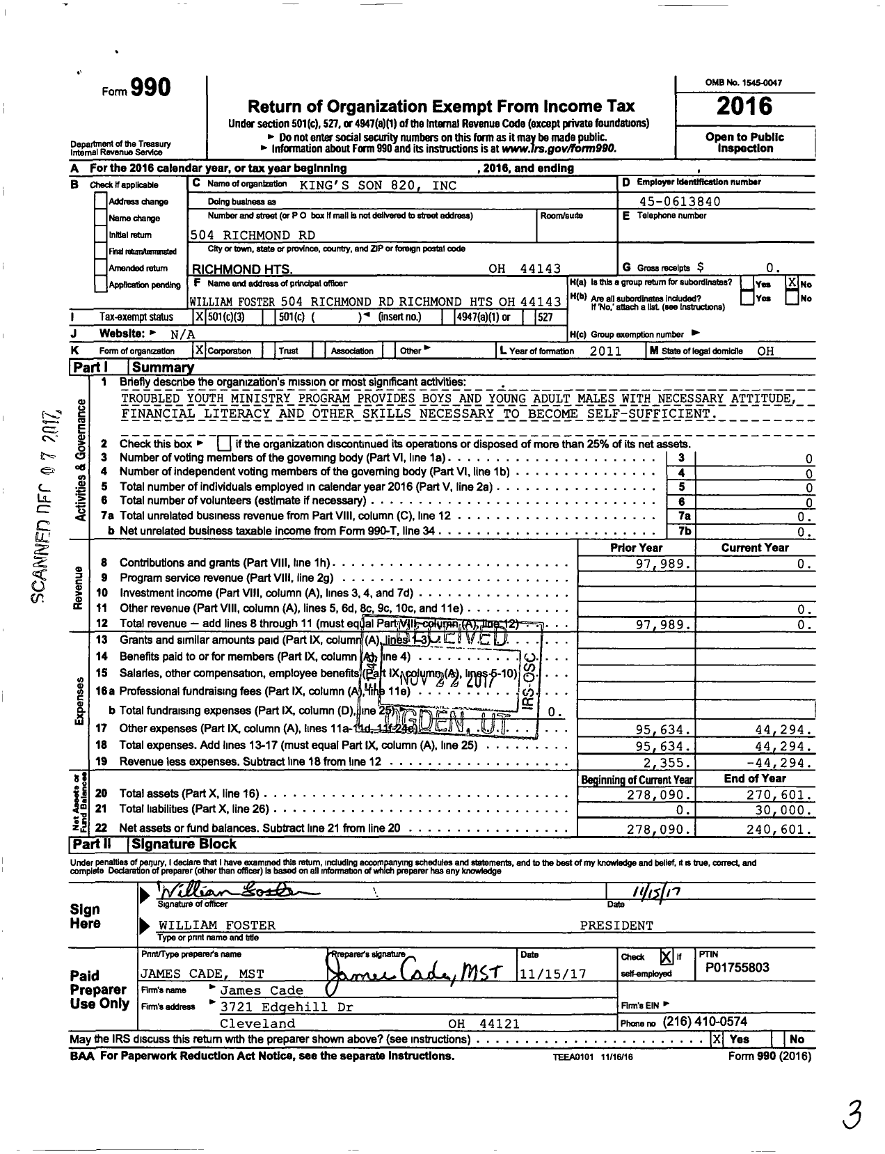 Image of first page of 2016 Form 990 for Kings Sons 820