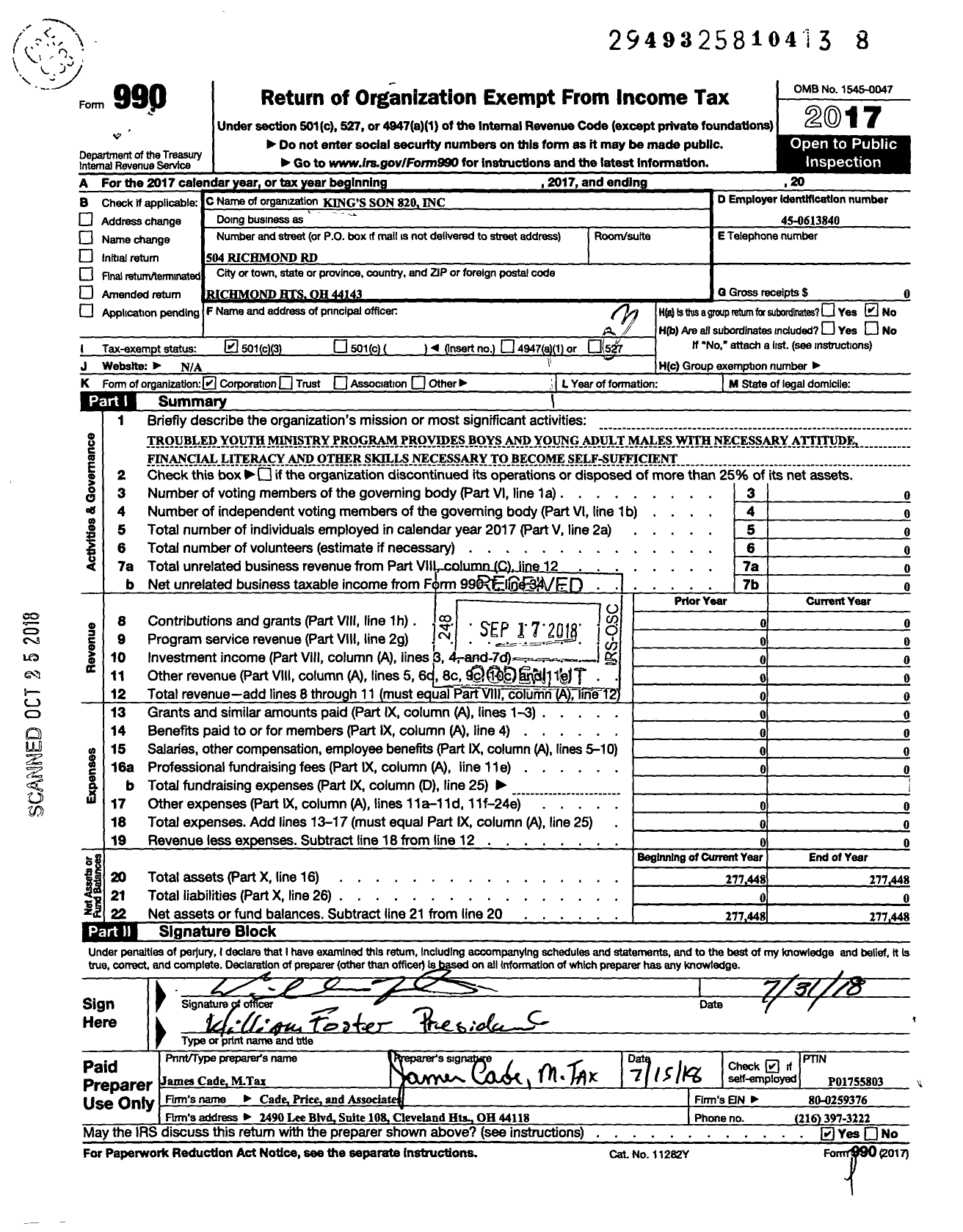 Image of first page of 2017 Form 990 for Kings Sons 820