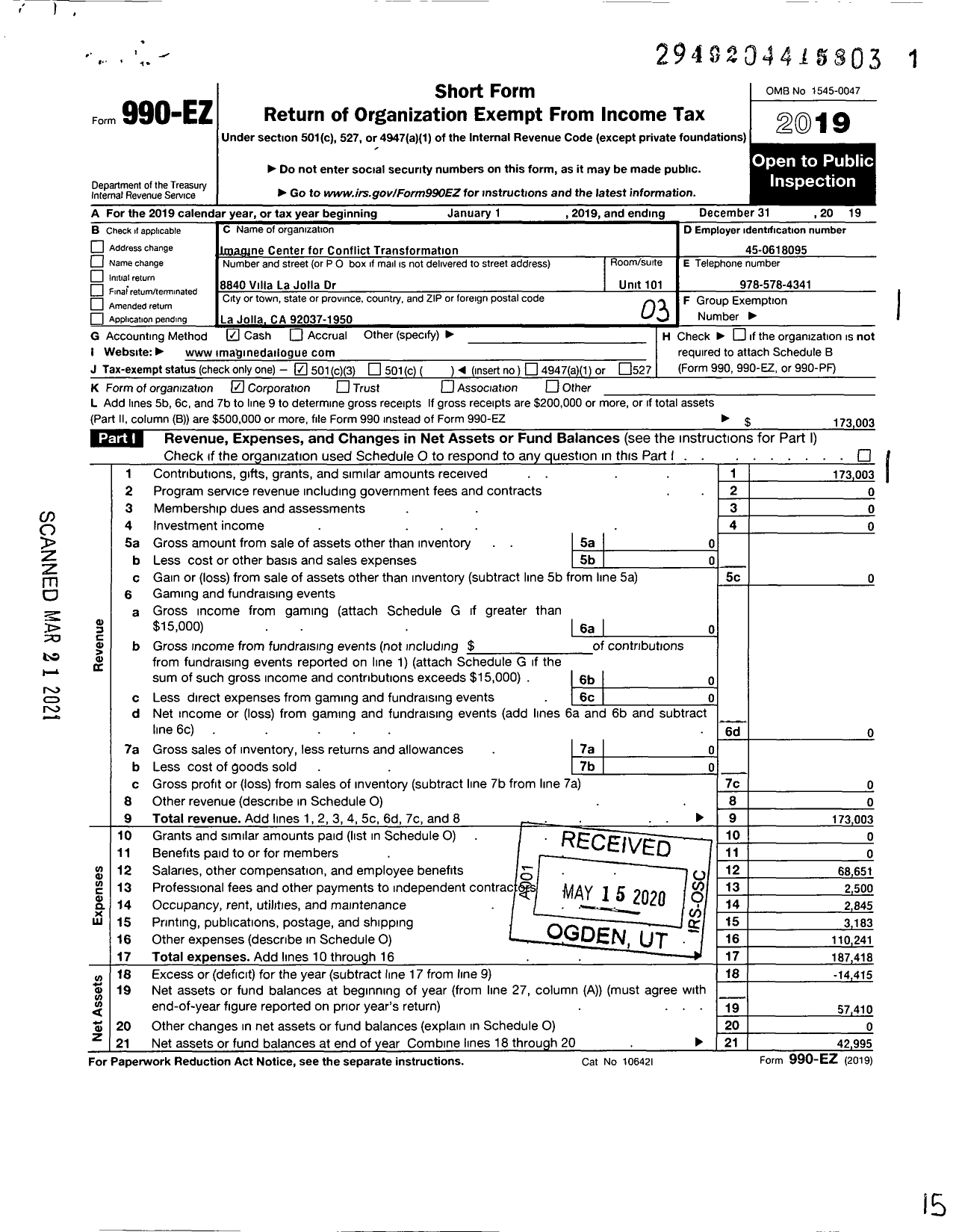 Image of first page of 2019 Form 990EZ for Imagine Center for Conflict Transformation