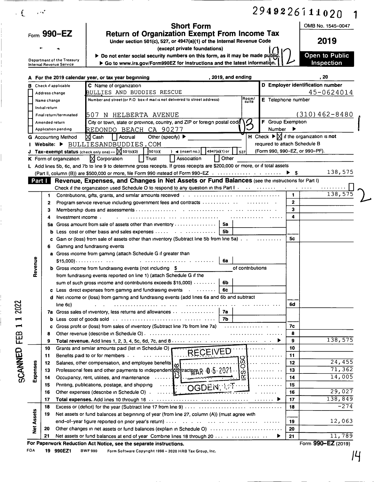 Image of first page of 2019 Form 990EZ for Bullies and Buddies Rescue