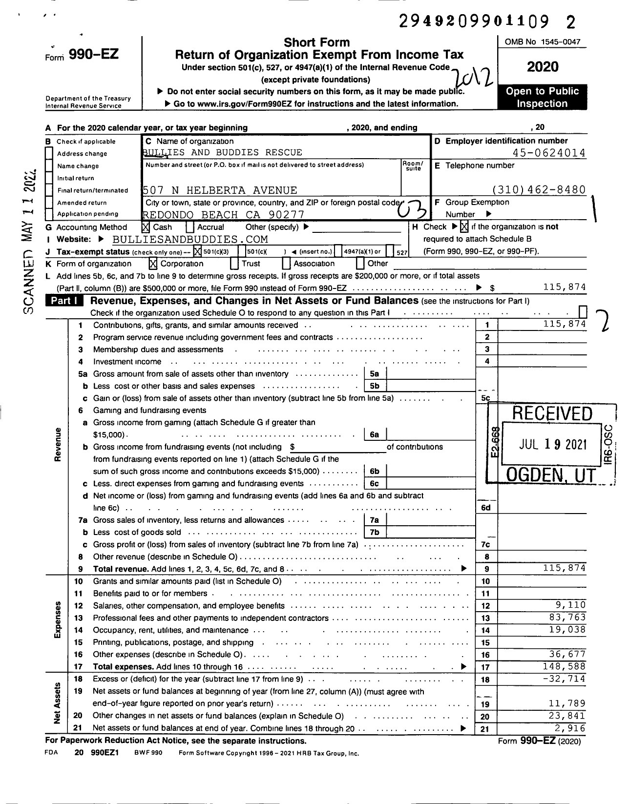 Image of first page of 2020 Form 990EZ for Bullies and Buddies Rescue