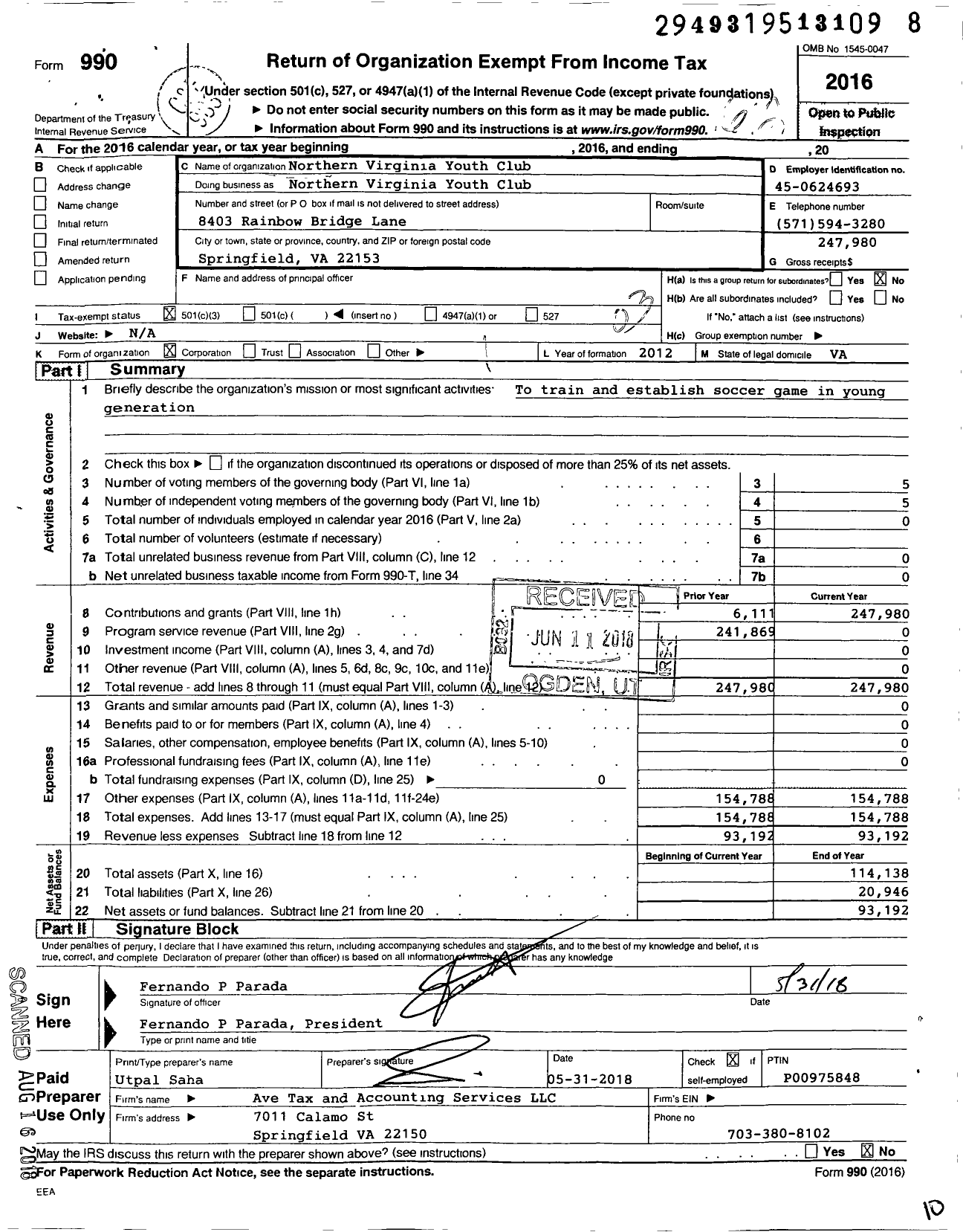 Image of first page of 2016 Form 990 for Northern Virginia Youth Club