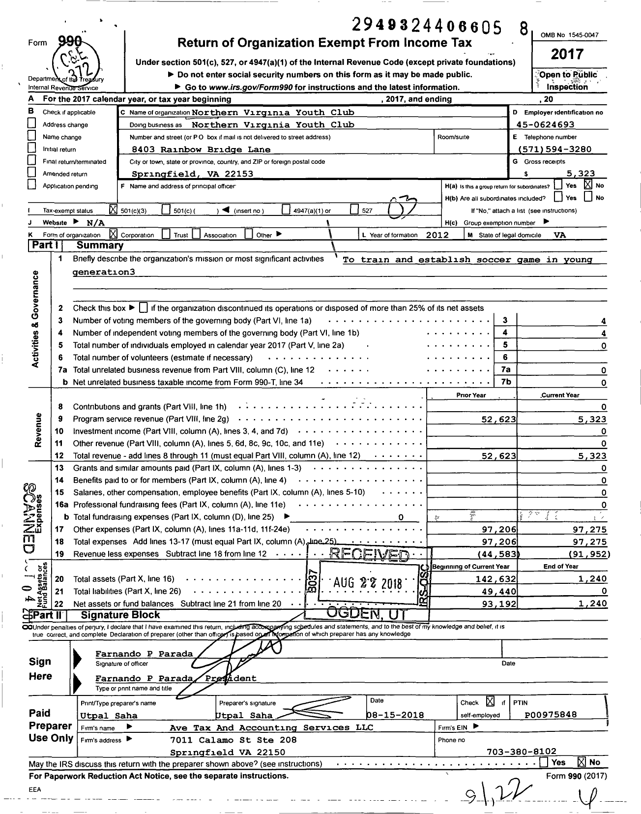 Image of first page of 2017 Form 990 for Northern Virginia Youth Club