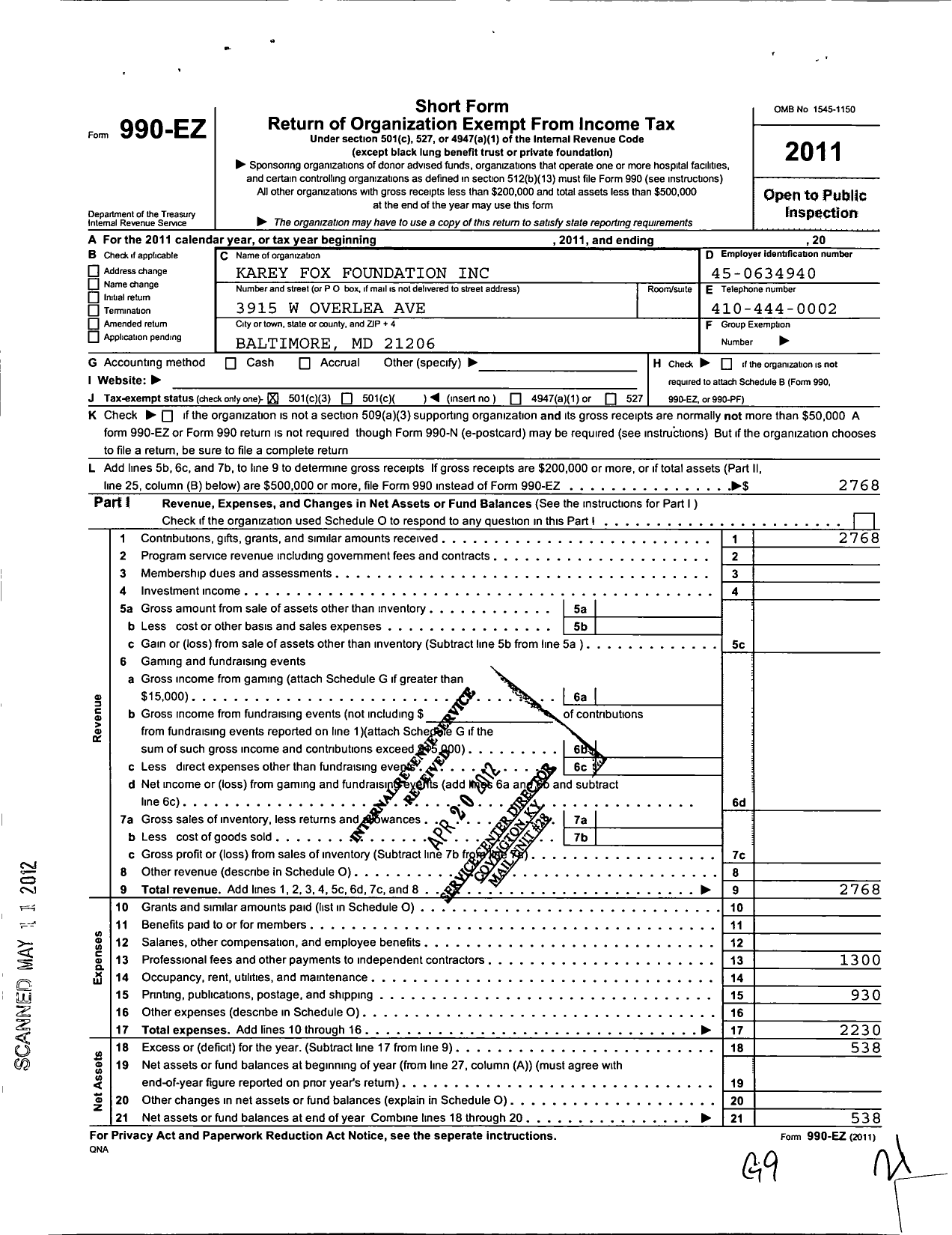 Image of first page of 2011 Form 990EZ for Karey Fox Foundation