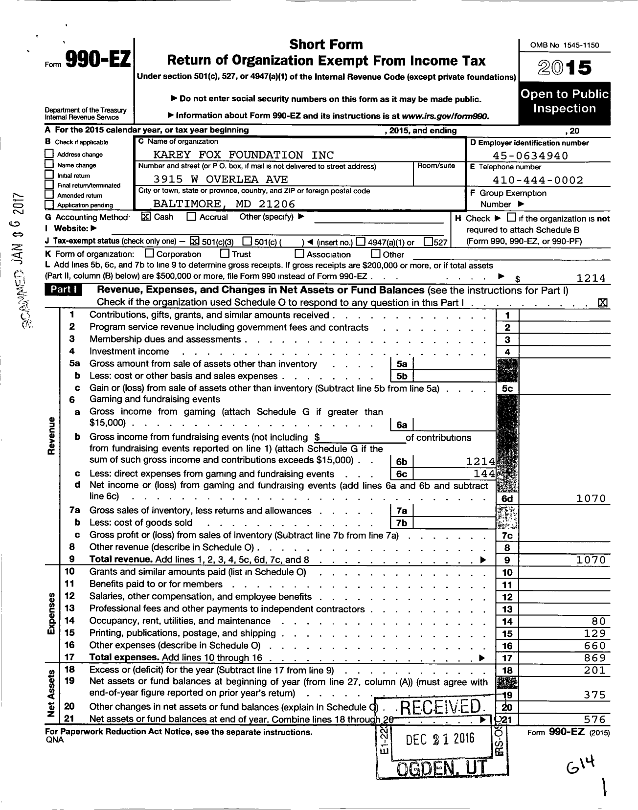 Image of first page of 2015 Form 990EZ for Karey Fox Foundation