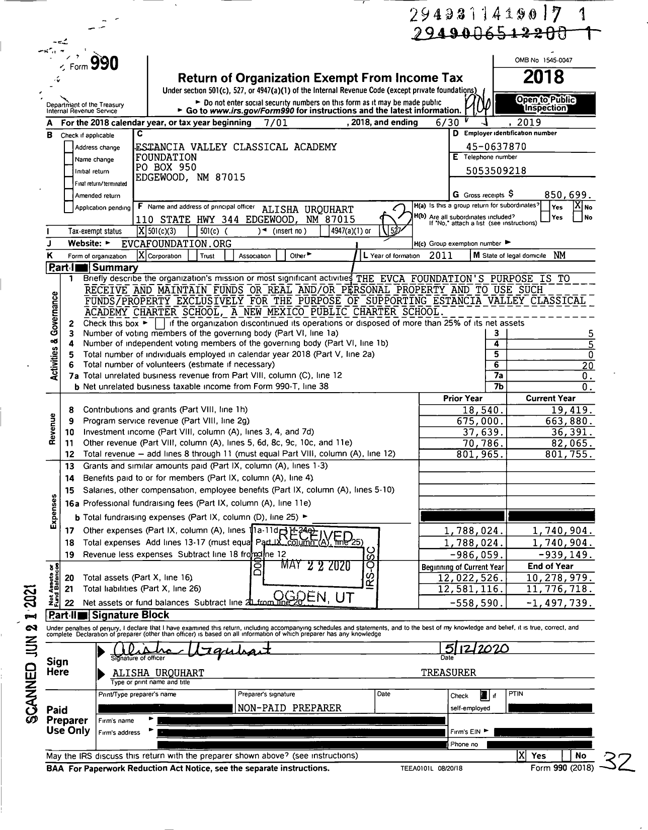 Image of first page of 2018 Form 990 for Estancia Valley Classical Academy Foundation