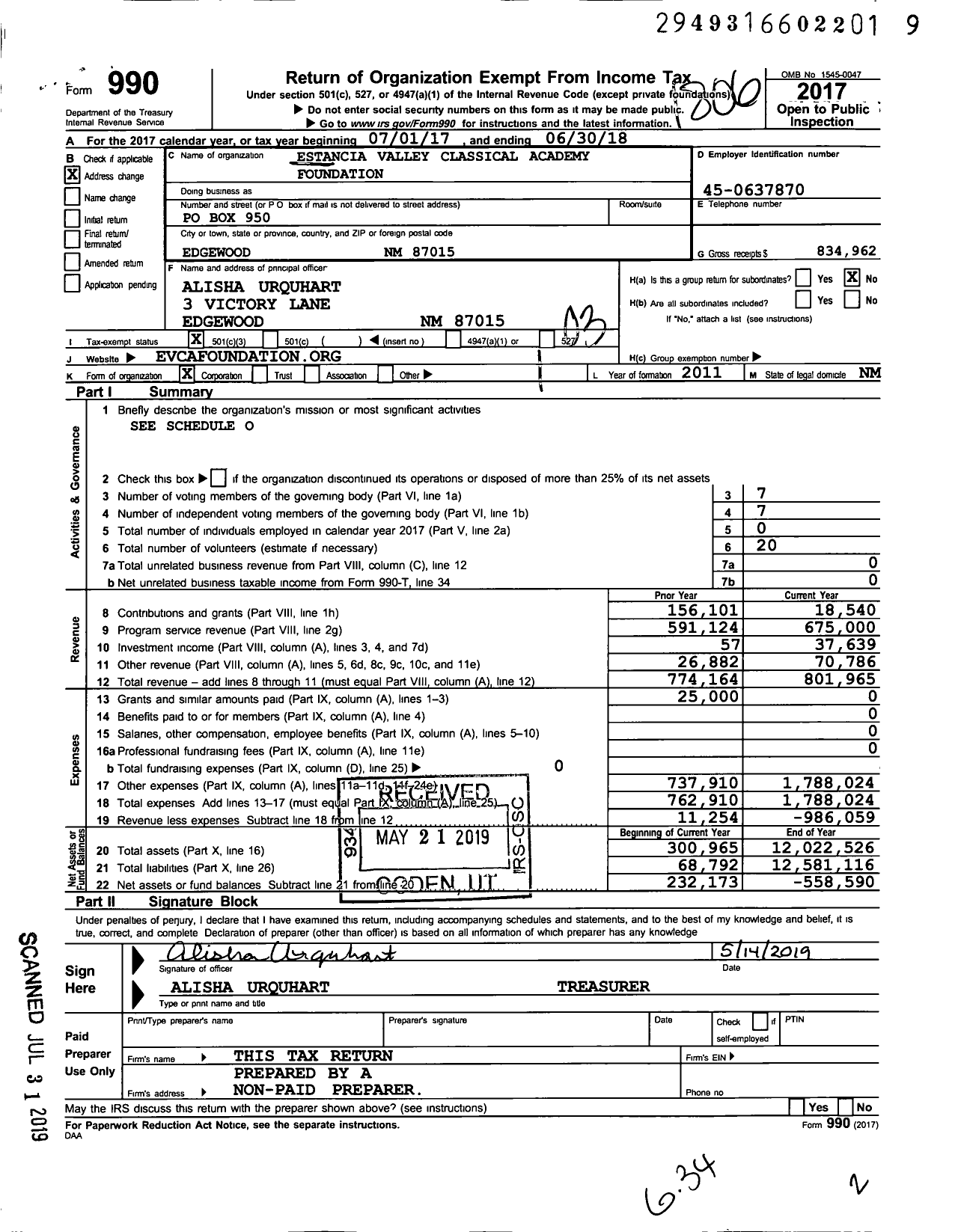 Image of first page of 2017 Form 990 for Estancia Valley Classical Academy Foundation