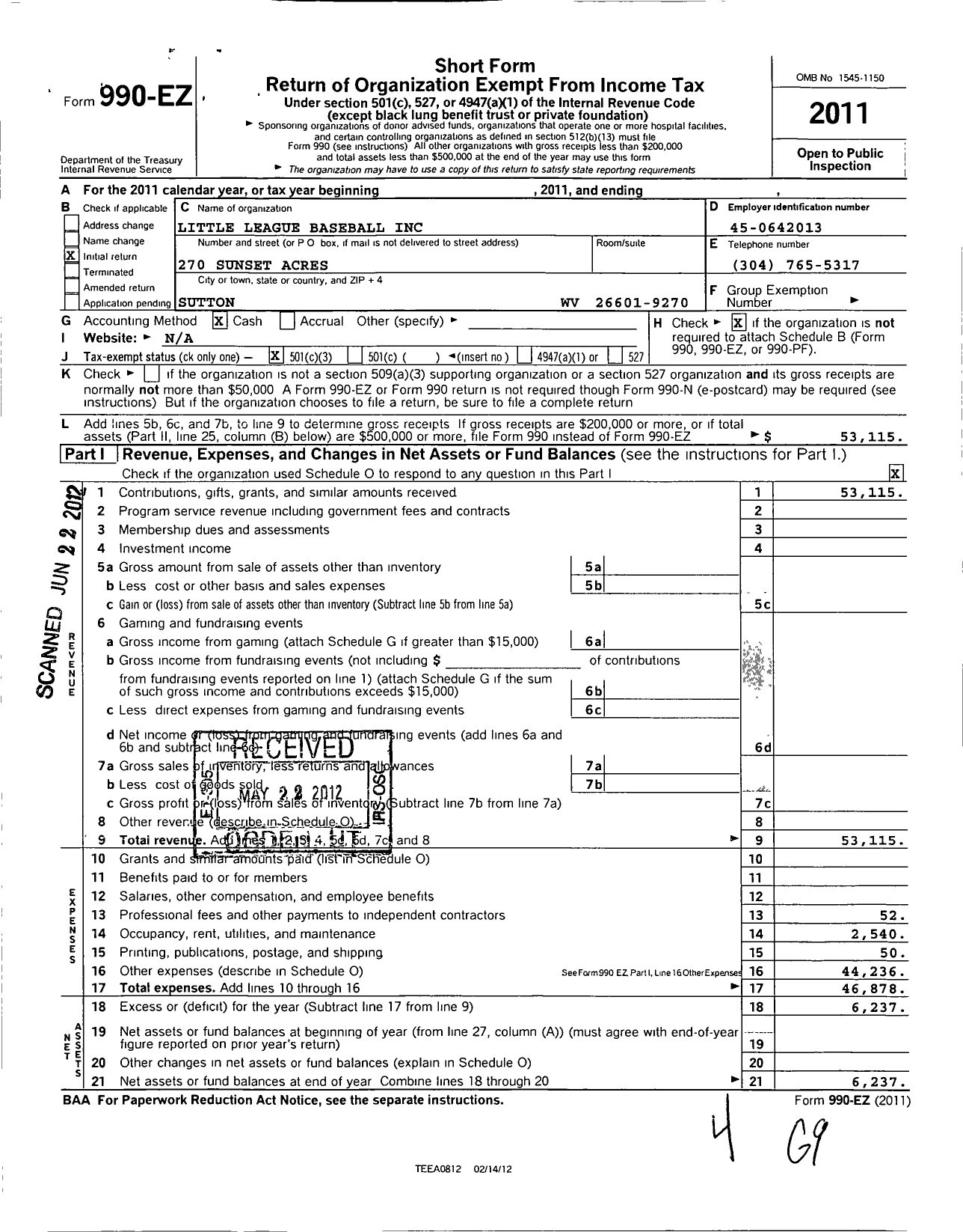 Image of first page of 2011 Form 990EZ for Little League Baseball - 3480801 Braxton County LL