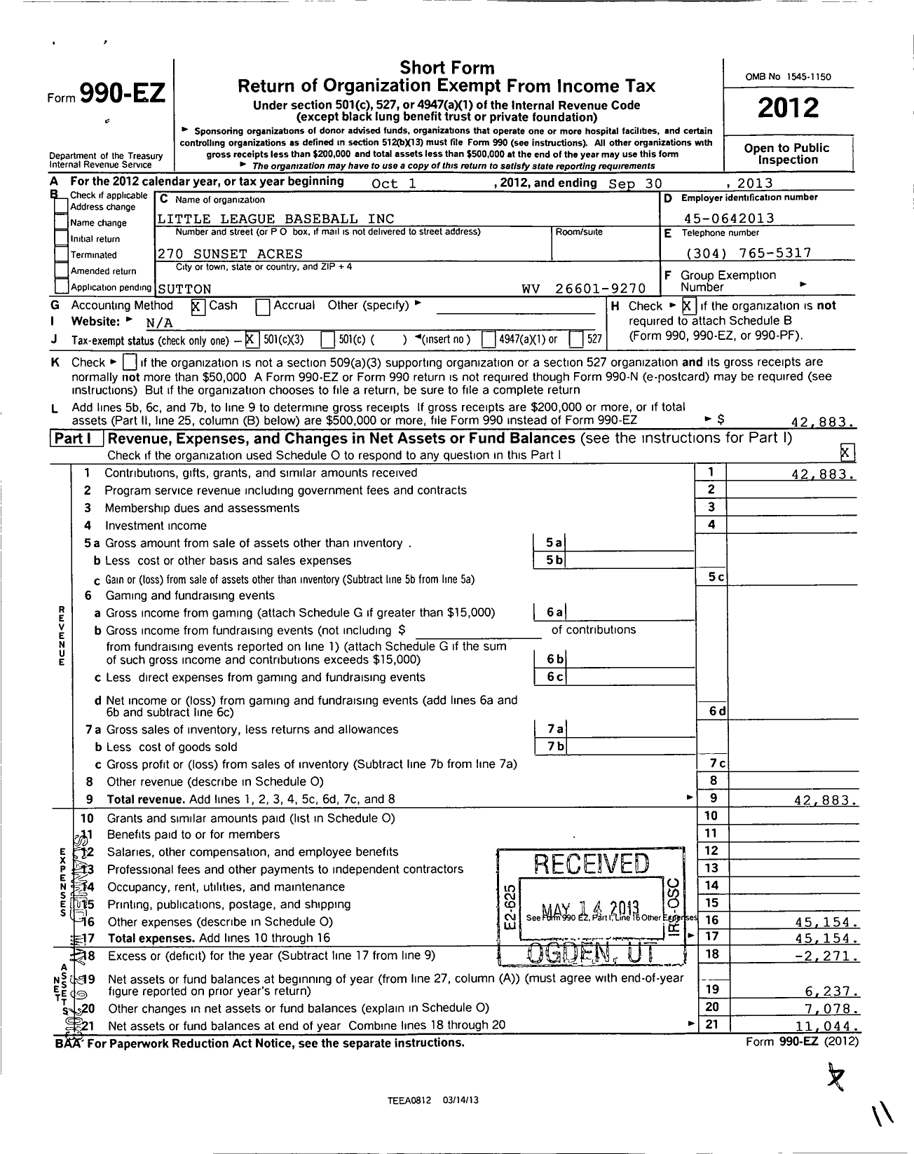 Image of first page of 2012 Form 990EZ for Little League Baseball - 3480801 Braxton County LL