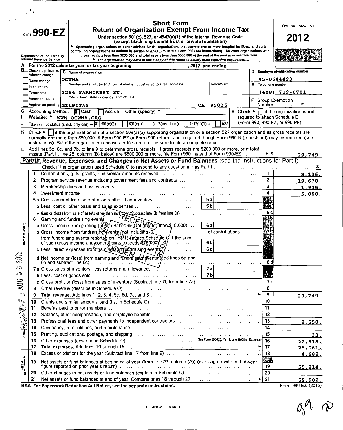 Image of first page of 2012 Form 990EZ for Ocwwa