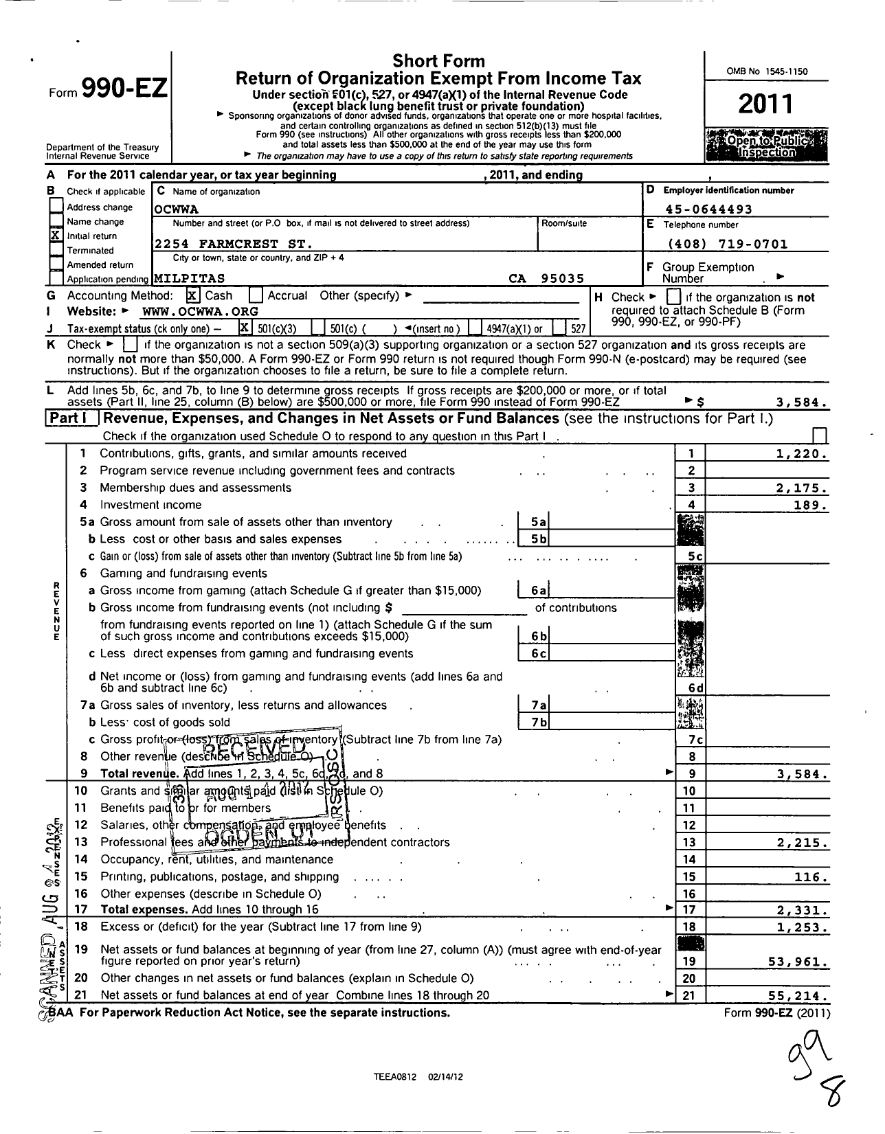 Image of first page of 2011 Form 990EZ for Ocwwa