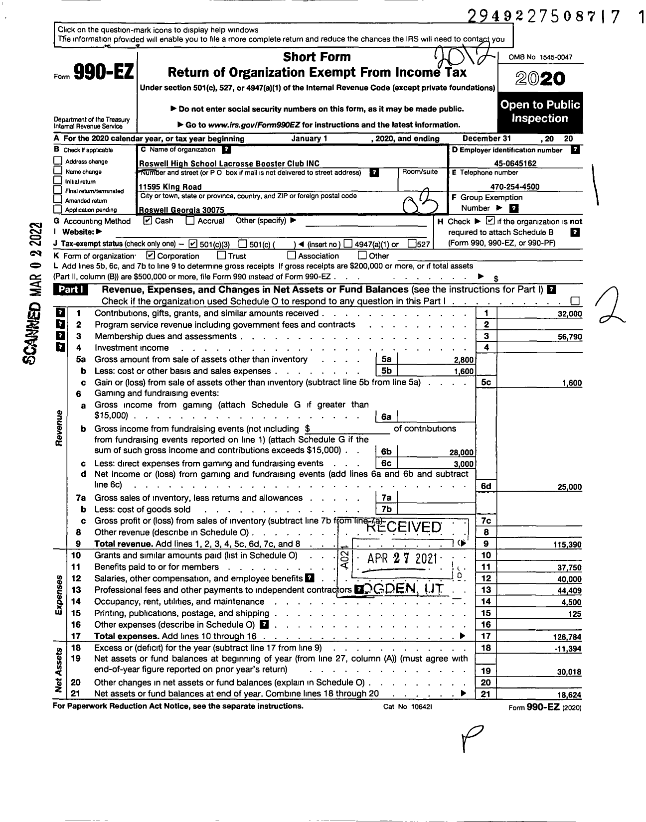 Image of first page of 2020 Form 990EZ for Roswell High School Lacrosse Booster Club