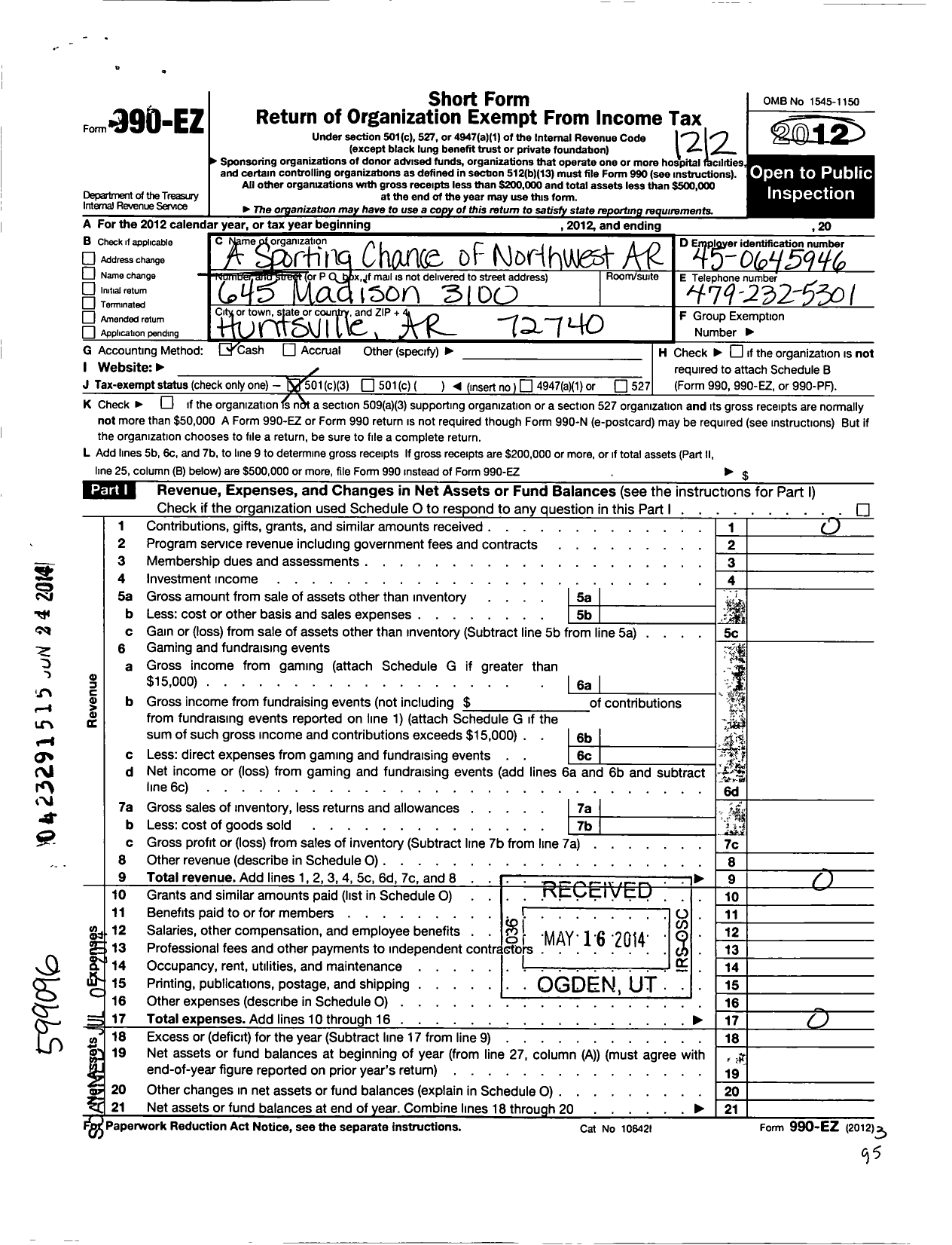 Image of first page of 2012 Form 990EZ for A Sporting Chance of Northwest Arkansas