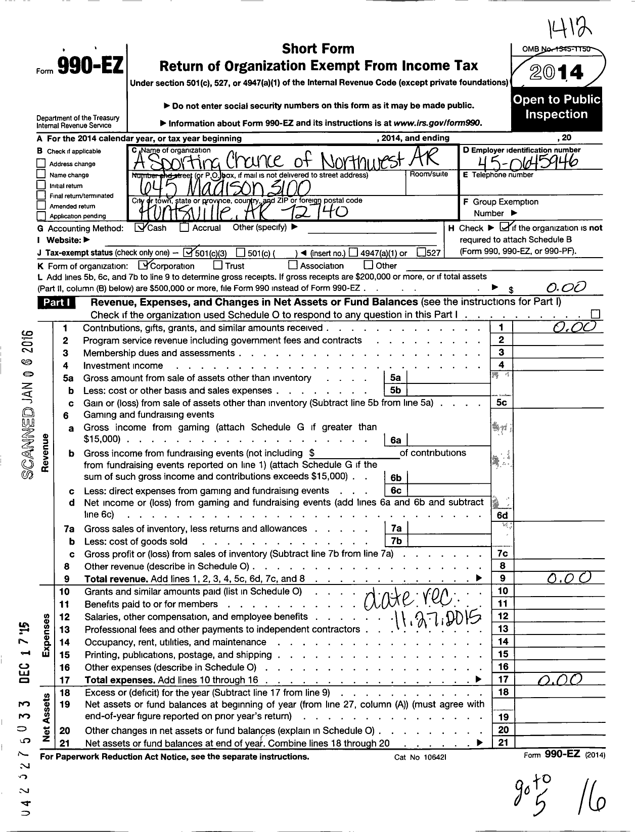 Image of first page of 2014 Form 990EZ for A Sporting Chance of Northwest Arkansas