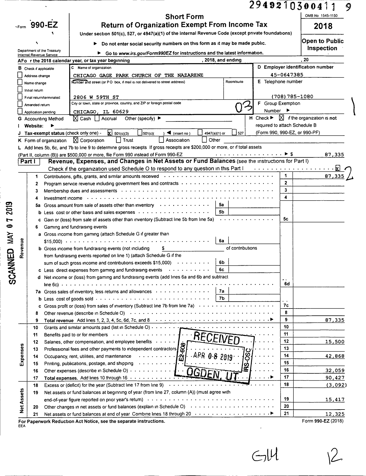 Image of first page of 2018 Form 990EZ for Chicago Gage Park Church of the Nazarene