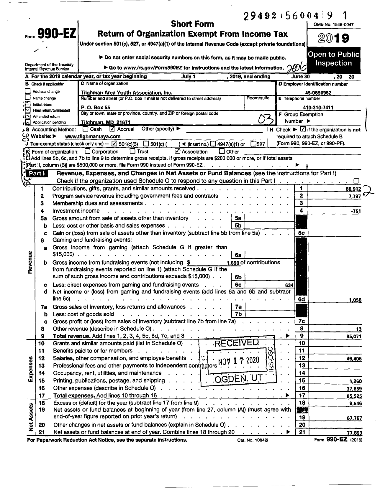 Image of first page of 2019 Form 990EZ for Tilghman Area Youth Association