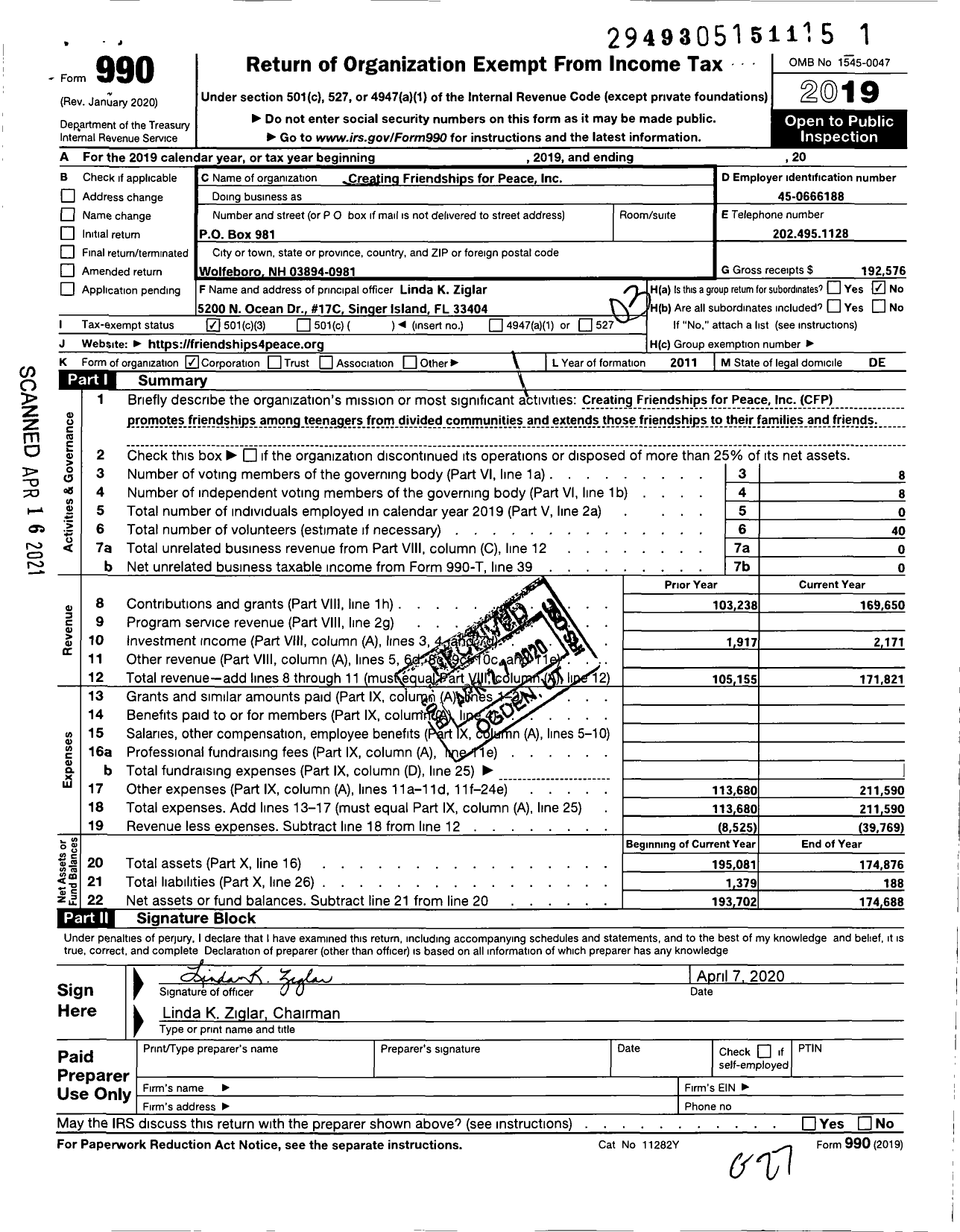 Image of first page of 2019 Form 990 for Creating Friendships for Peace