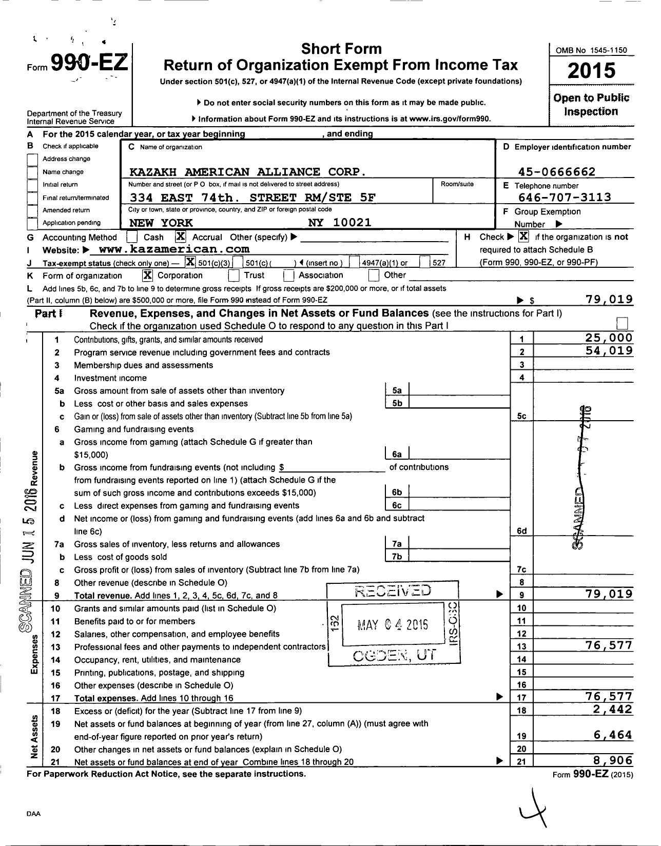 Image of first page of 2015 Form 990EZ for Kazakh American Alliance Corporation